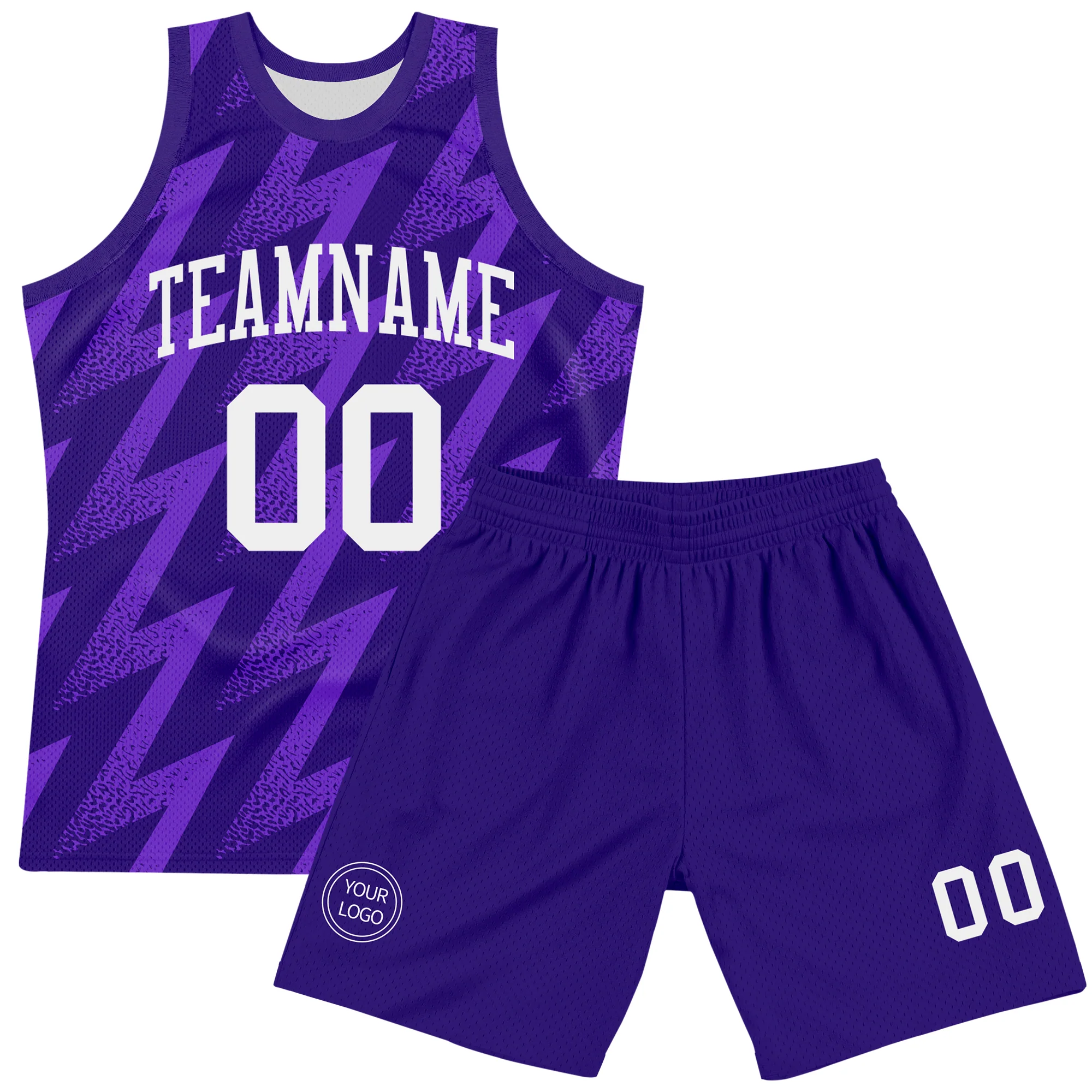 Custom Purple White Zigzag Shape Round Neck Sublimation Basketball Suit Jersey
