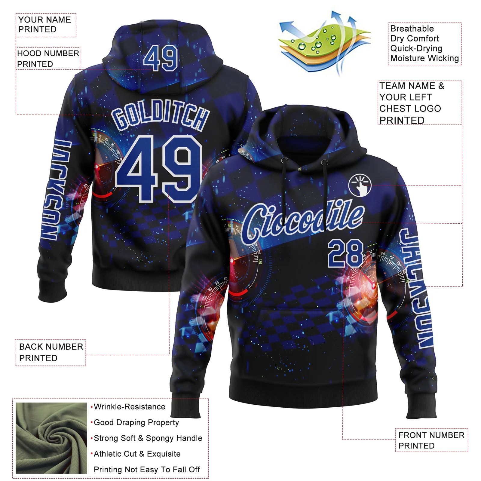 Custom Black Royal-White 3D Pattern Design Formula Auto Car Racing Motorsport Sports Pullover Sweatshirt Hoodie