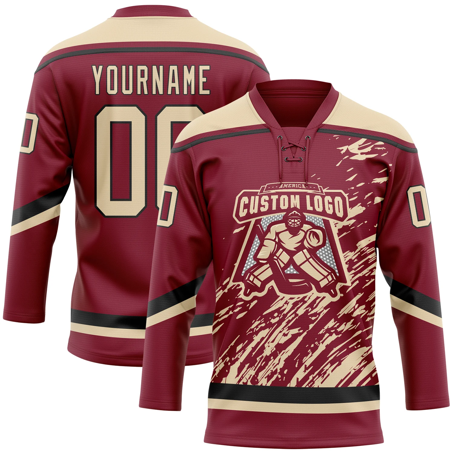 Custom Crimson City Cream-Black 3D Splash Art Hockey Lace Neck Jersey