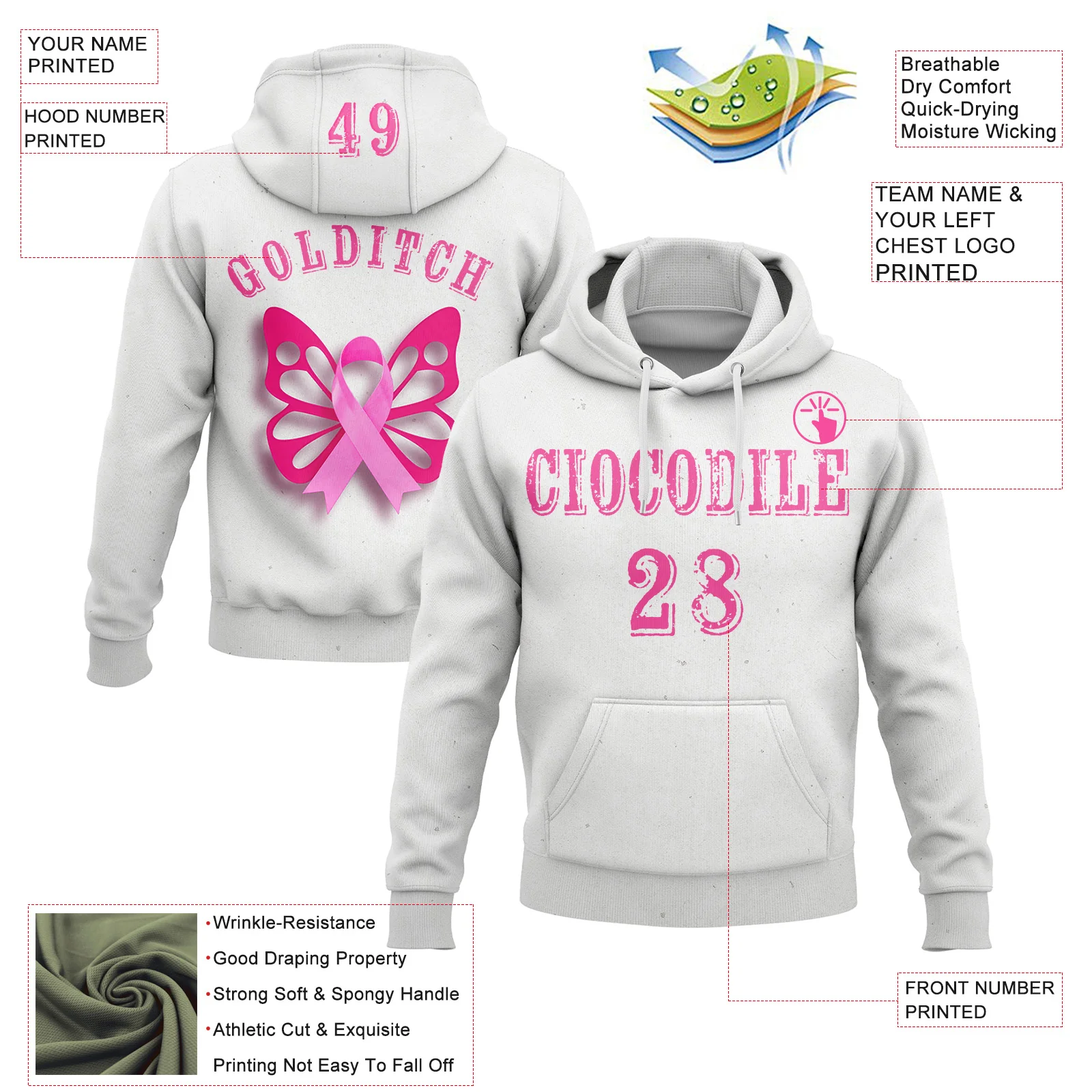 Custom White Pink 3D Pink Ribbon Breast Cancer Awareness Women Health Care Support Sports Pullover Sweatshirt Hoodie