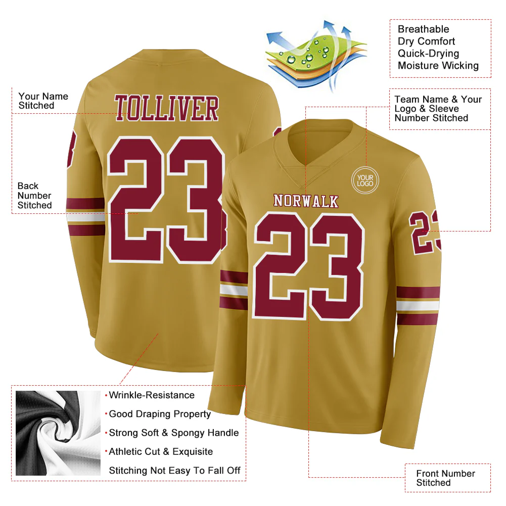 Custom Old Gold Crimson-White Long Sleeve Authentic Football Jersey