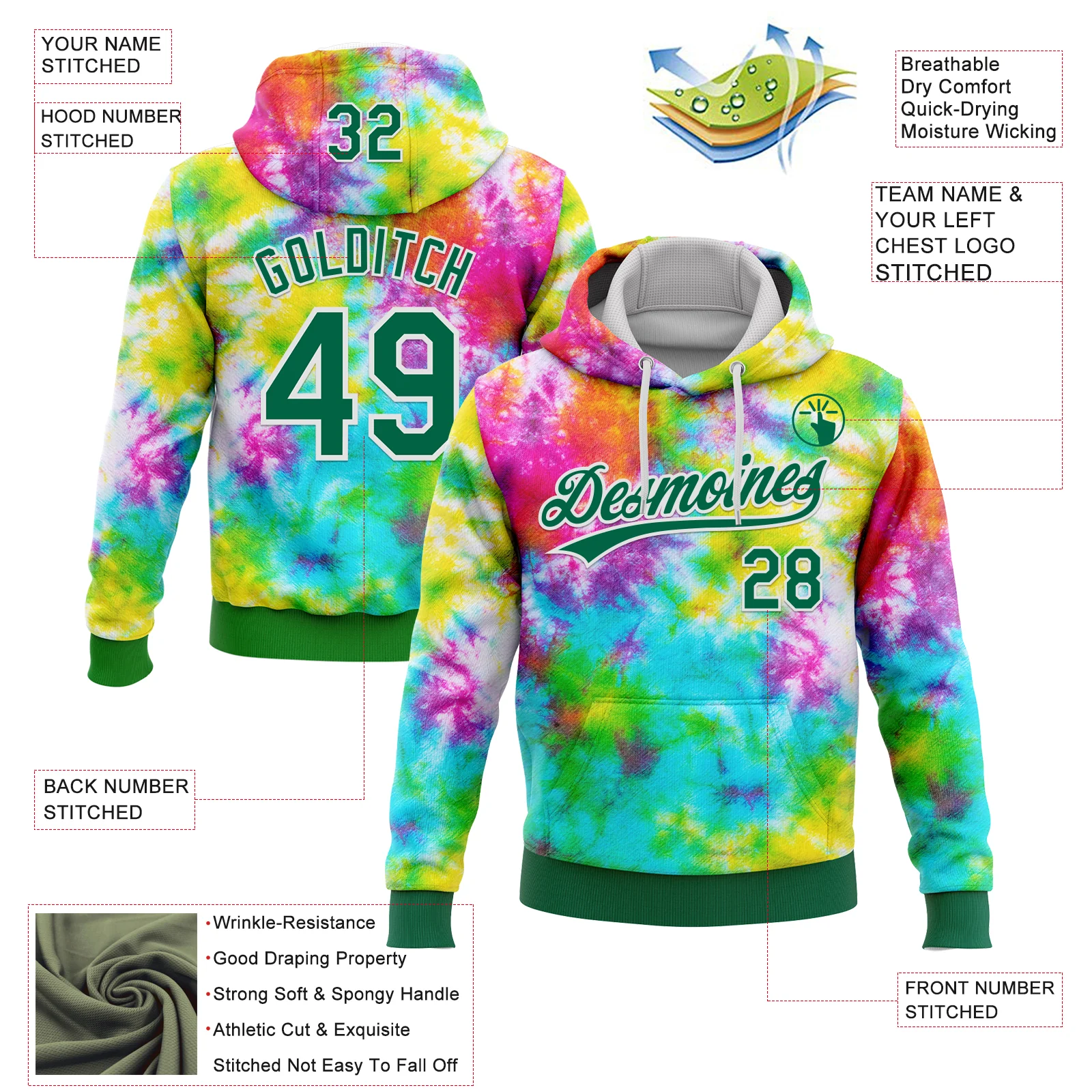 Custom Stitched Tie Dye Kelly Green-White 3D Sports Pullover Sweatshirt Hoodie