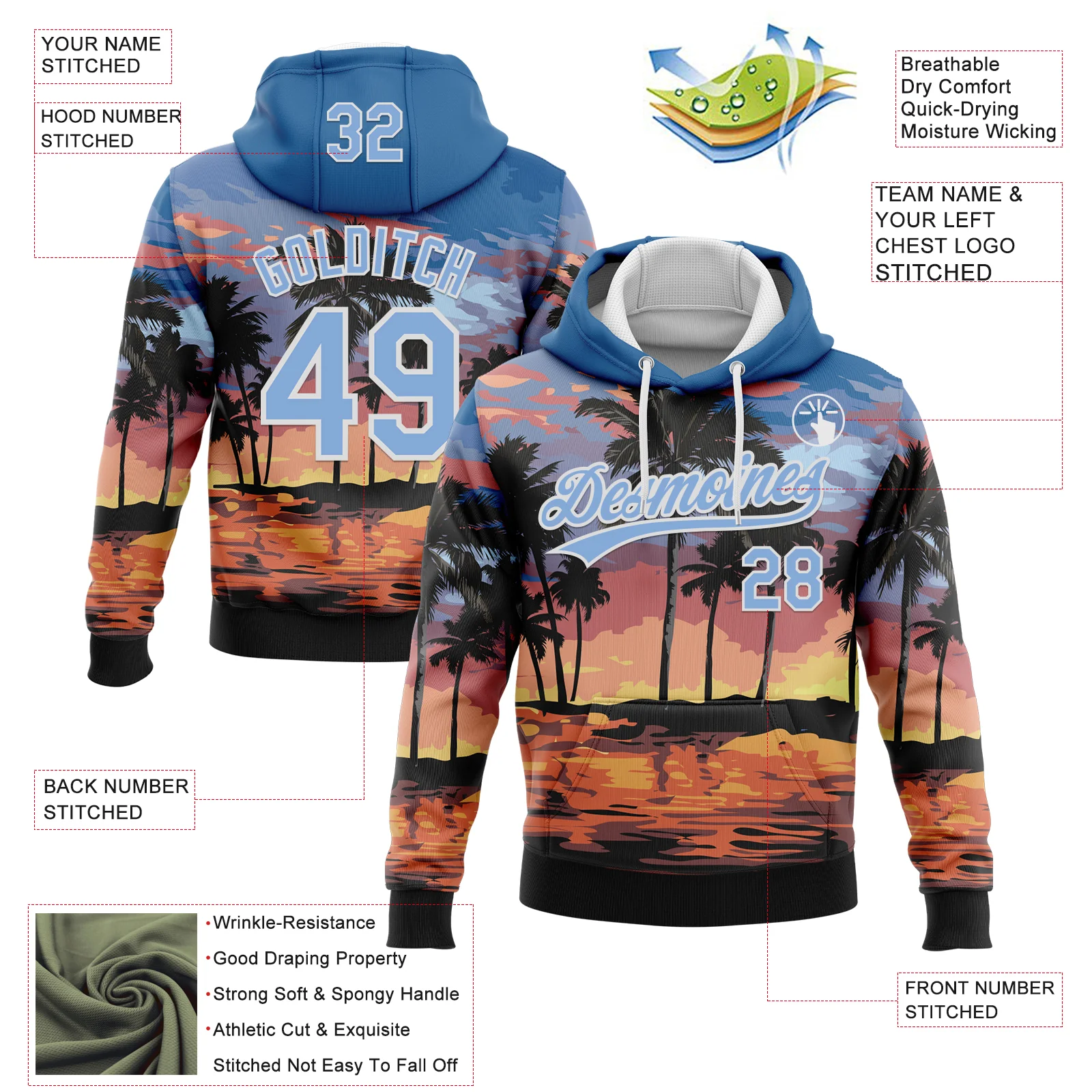 Custom Stitched Blue Light Blue-White 3D Hawaii Palm Trees Sports Pullover Sweatshirt Hoodie
