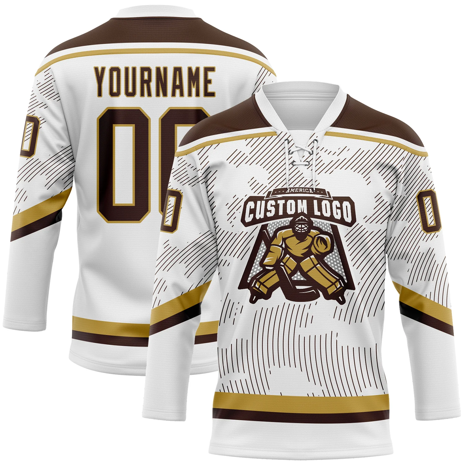 Custom White Brown-Old Gold 3D Pattern Curve Lines Hockey Lace Neck Jersey