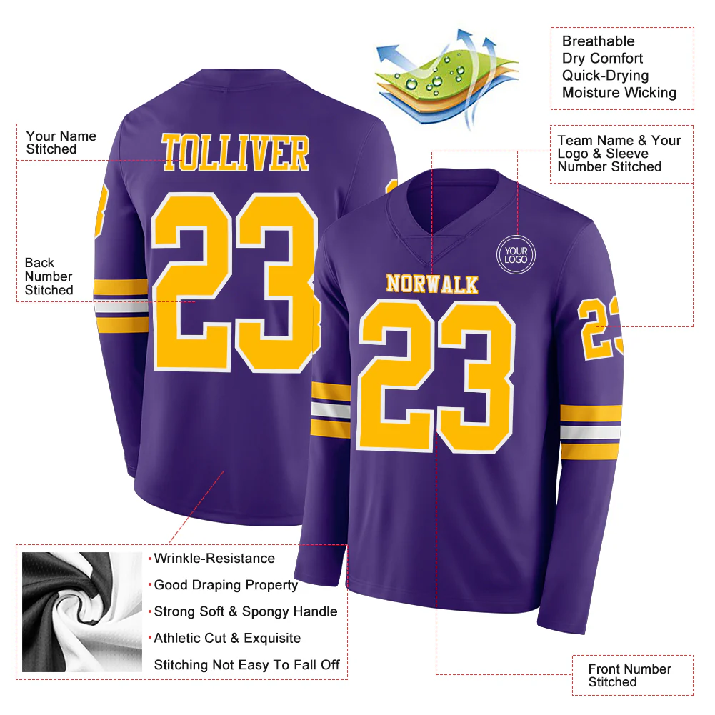 Custom Purple Gold-White Long Sleeve Authentic Football Jersey