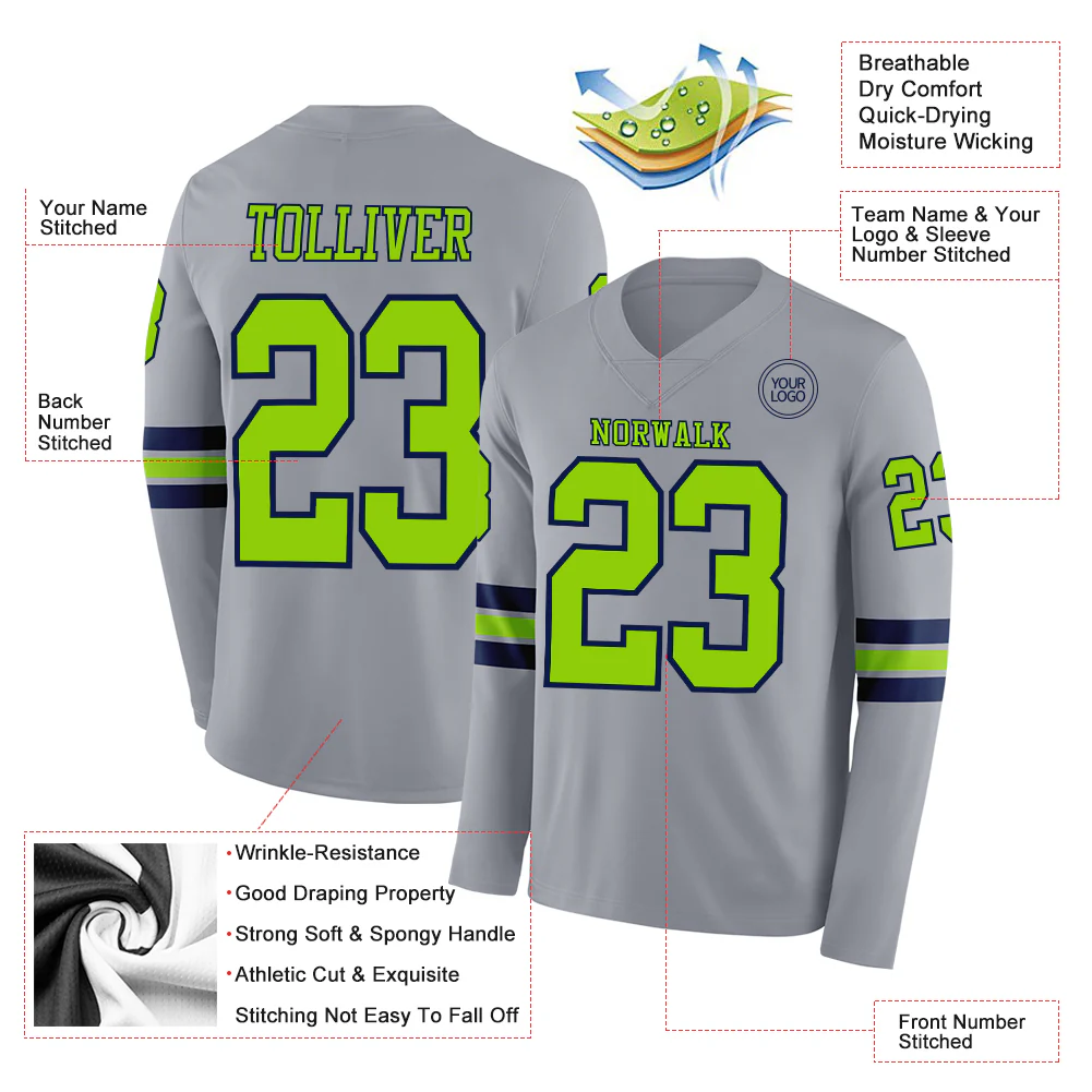 Custom Gray Neon Green-Navy Long Sleeve Authentic Football Jersey