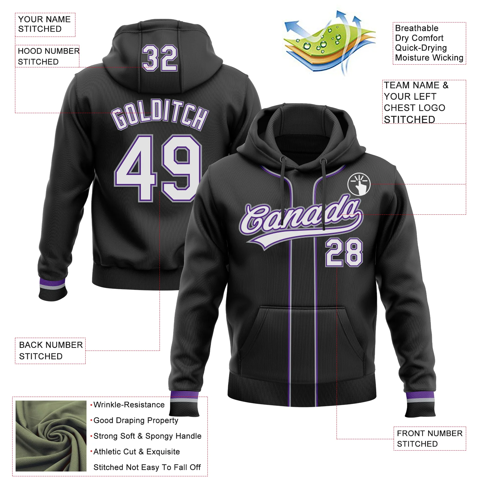 Custom Stitched Black White Purple-Gray Baseball Pullover Sweatshirt Hoodie