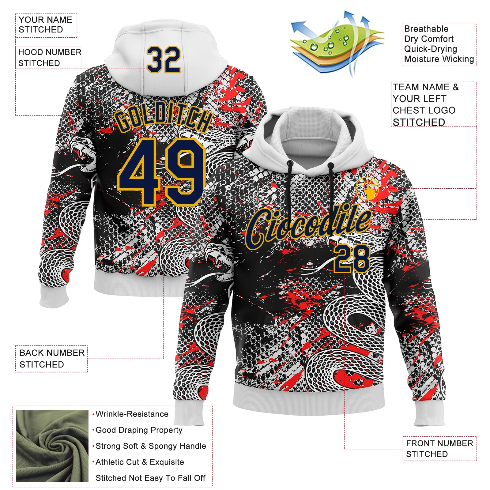 Custom Stitched White Navy Black Red-Gold 3D Pattern Design Snake Skin Print Sportswear Pullover Sweatshirt Hoodie