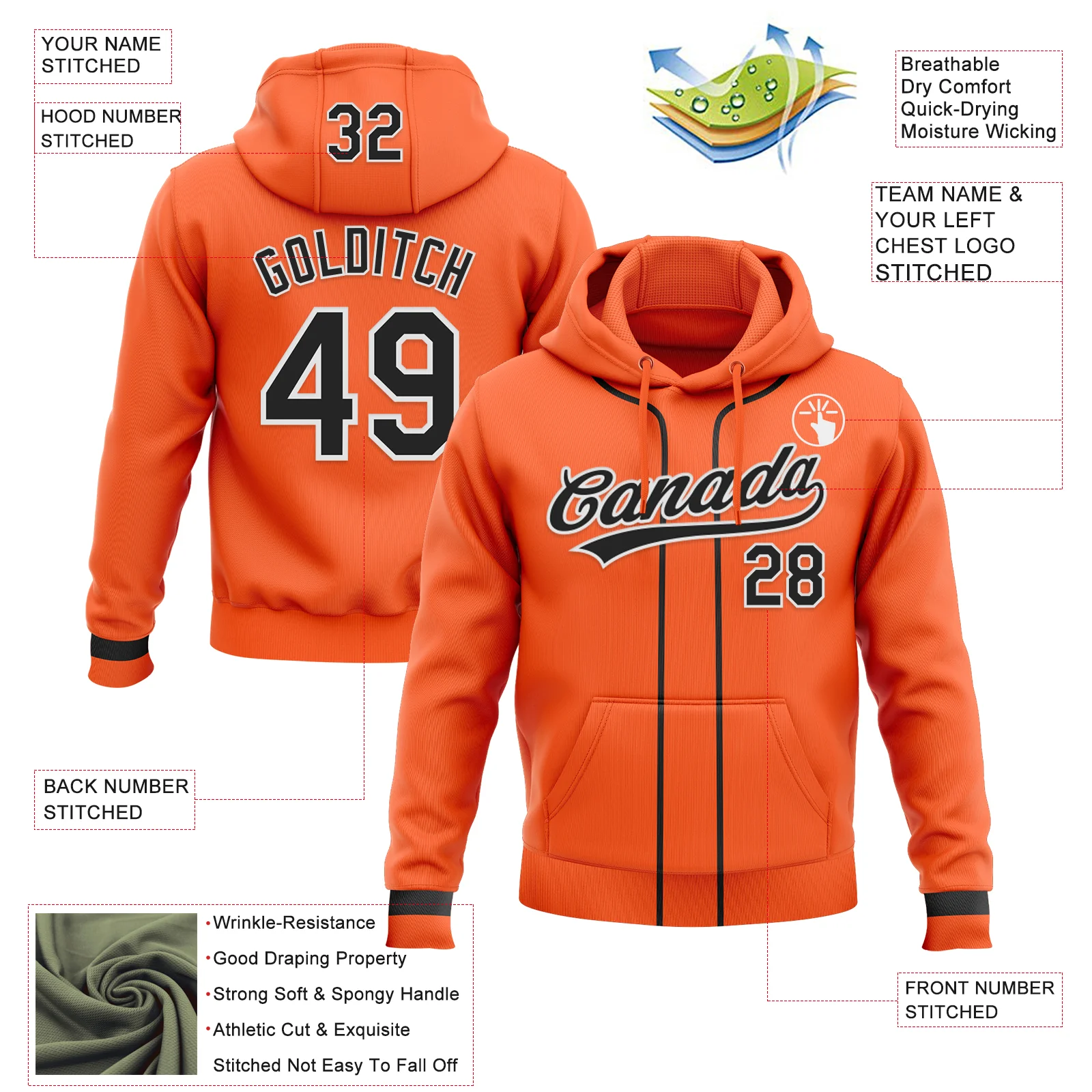 Custom Stitched Orange Black-White Baseball Pullover Sweatshirt Hoodie