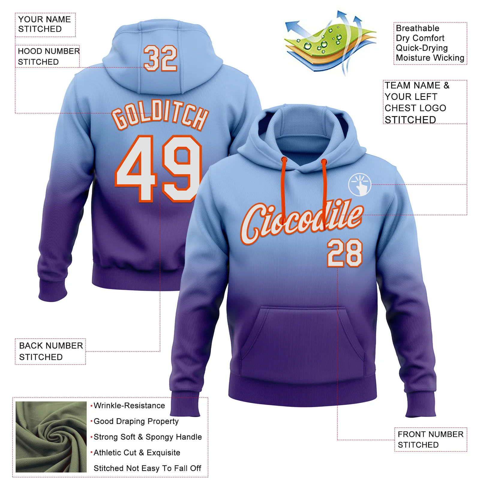 Custom Stitched Light Blue White Purple-Orange Fade Fashion Sports Pullover Sweatshirt Hoodie