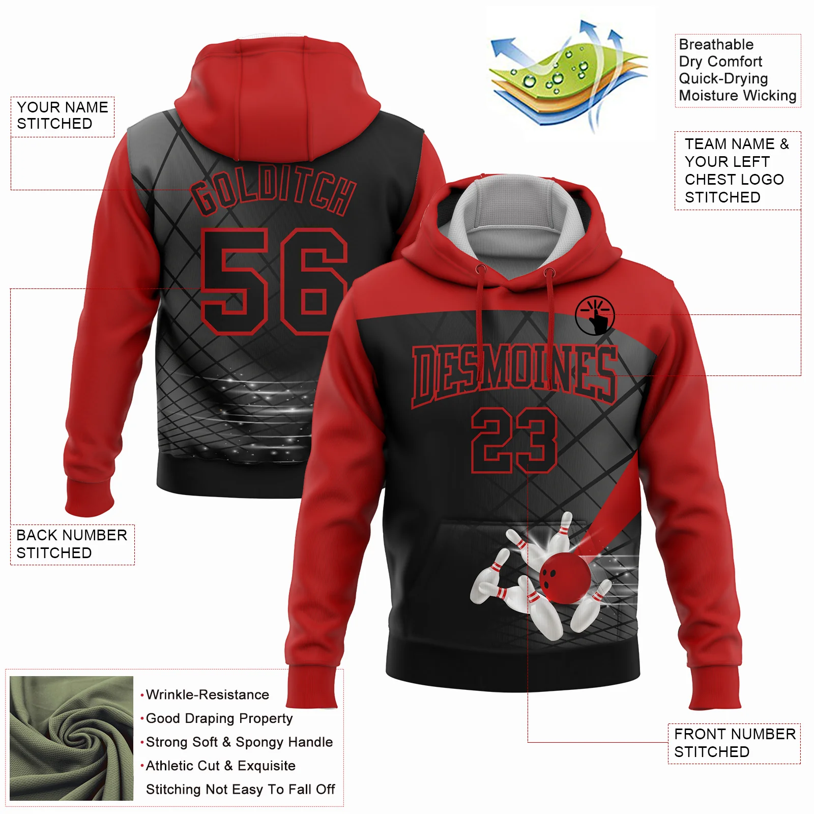 Custom Black Red 3D Bowling Sports Pullover Sweatshirt Hoodie