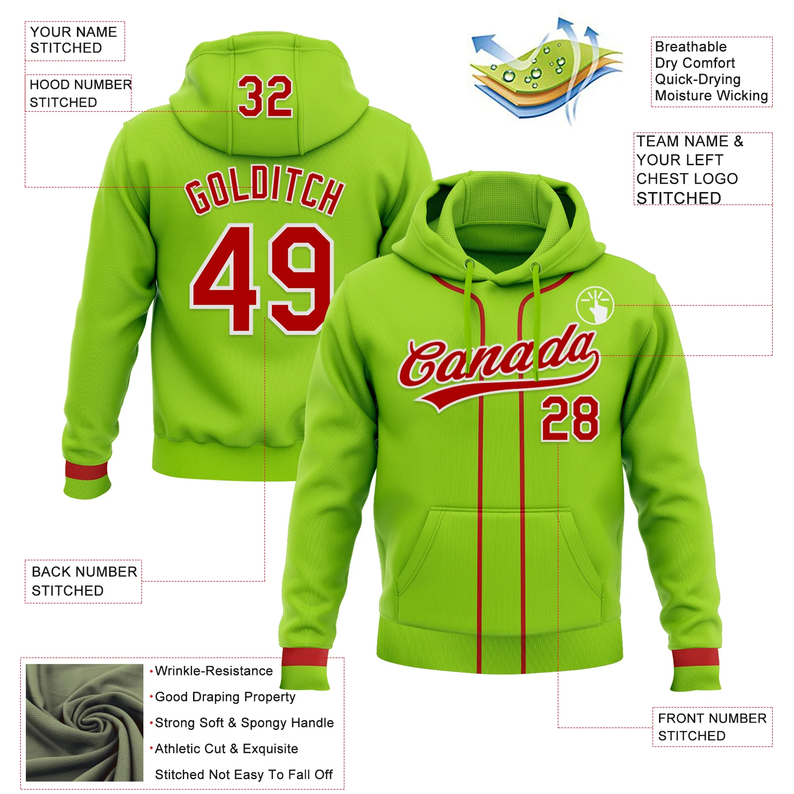 Custom Stitched Neon Green Red-White Baseball Pullover Sweatshirt Hoodie