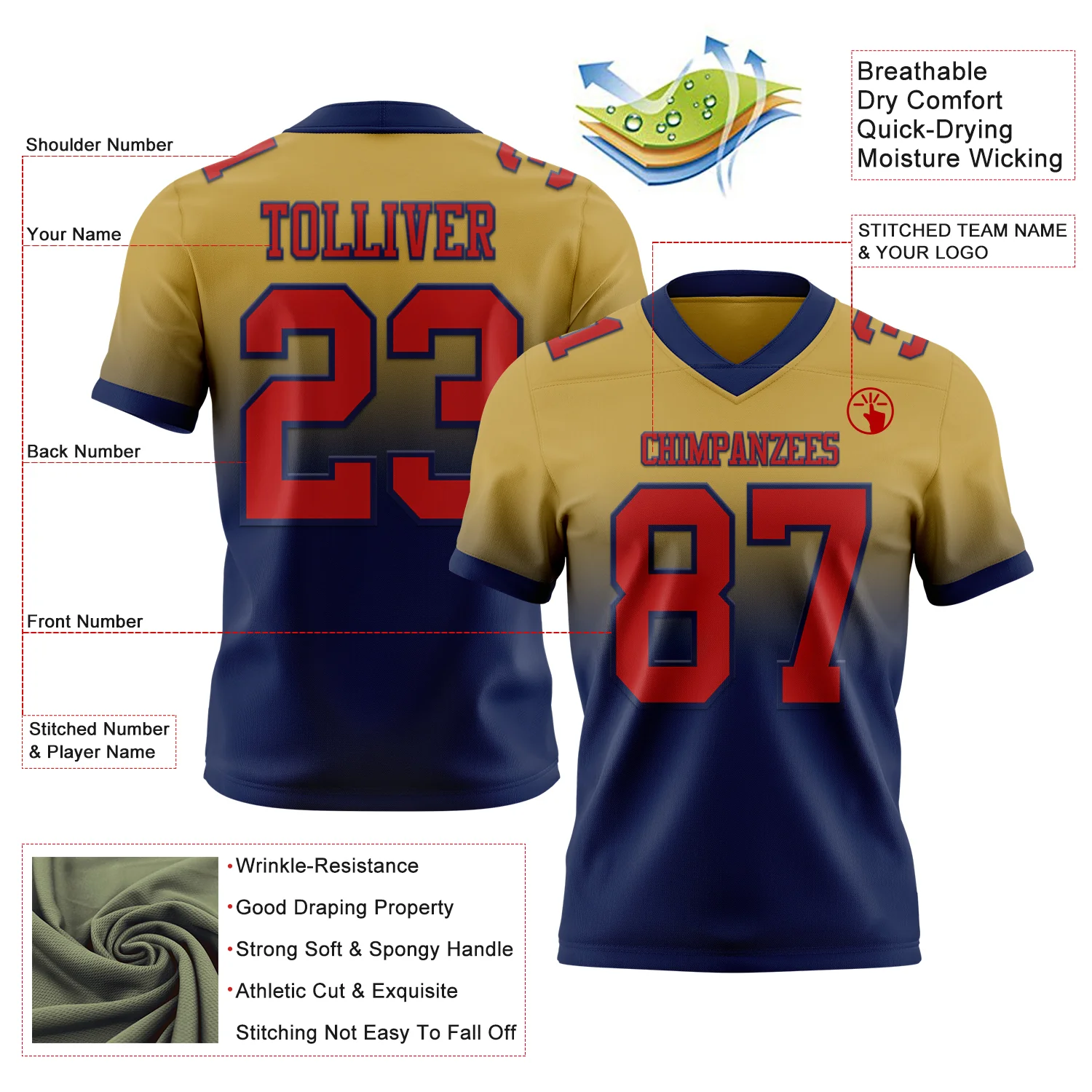 Custom Old Gold Red-Navy Authentic Fade Fashion Football Jersey