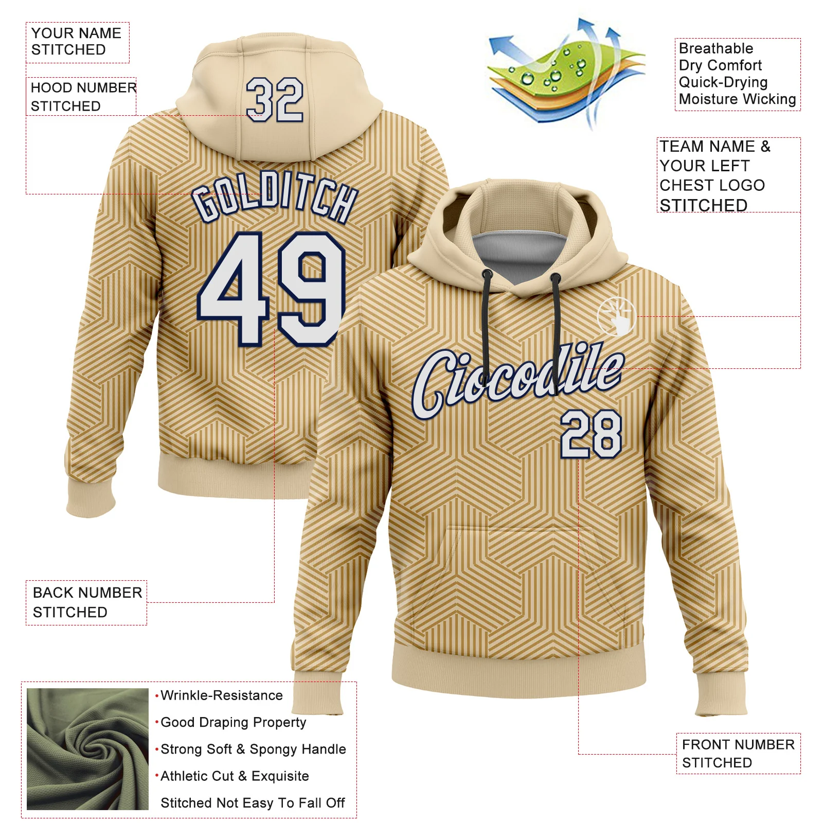 Custom Stitched City Cream White Old Gold-Navy 3D Pattern Design Line Geometric Shape Sports Pullover Sweatshirt Hoodie