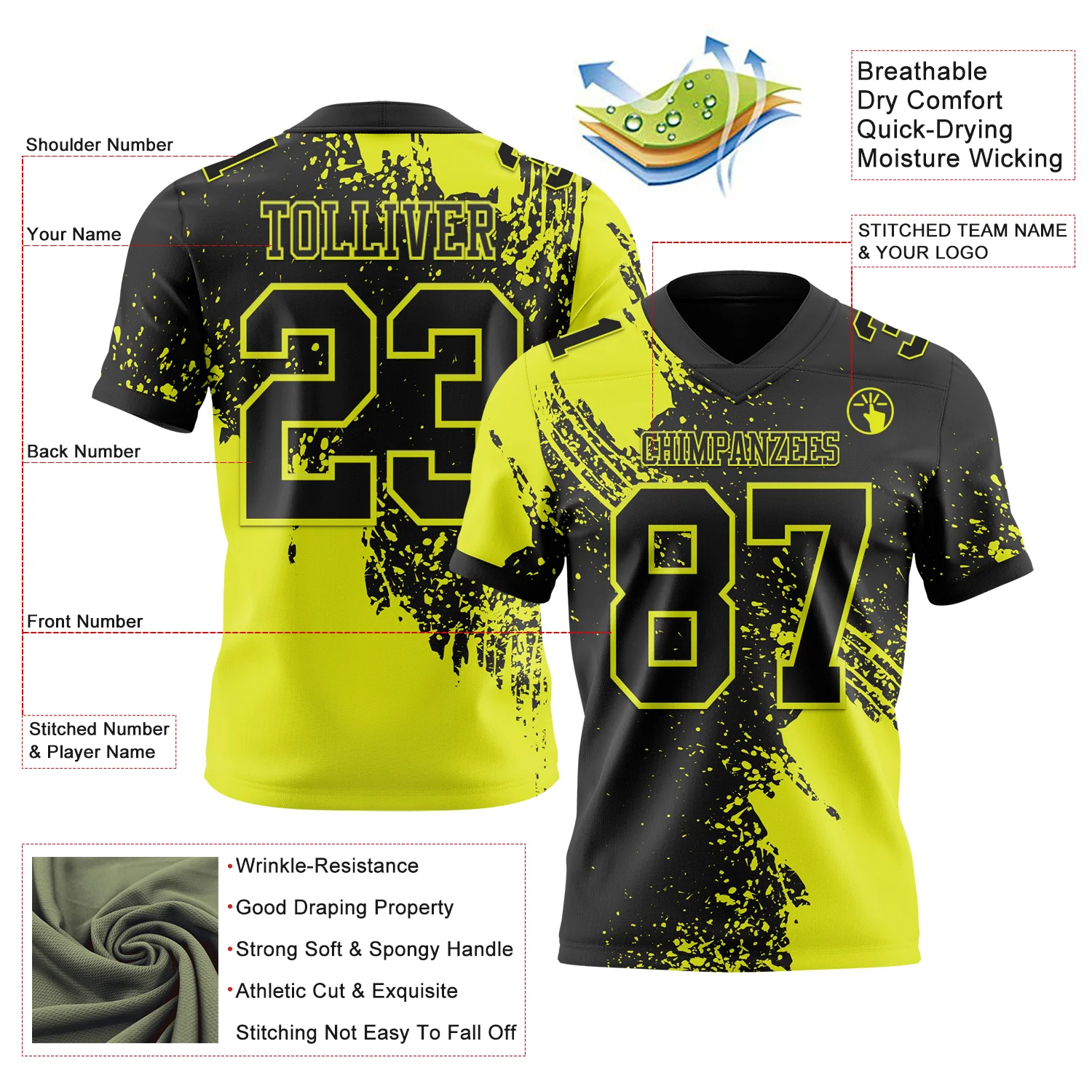 Custom Black Neon Yellow 3D Pattern Abstract Brush Stroke Authentic Football Jersey