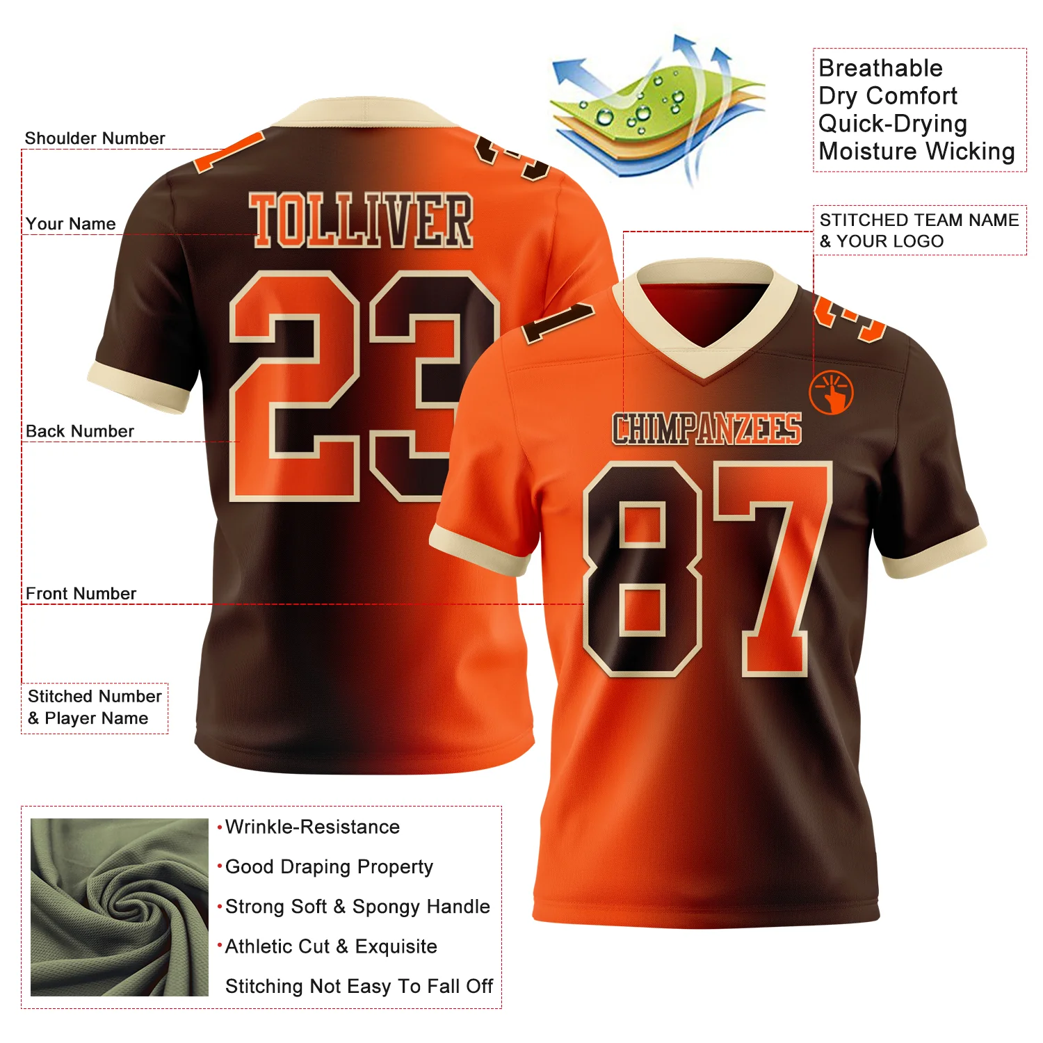 Custom Brown Orange-Cream Authentic Gradient Fashion Football Jersey