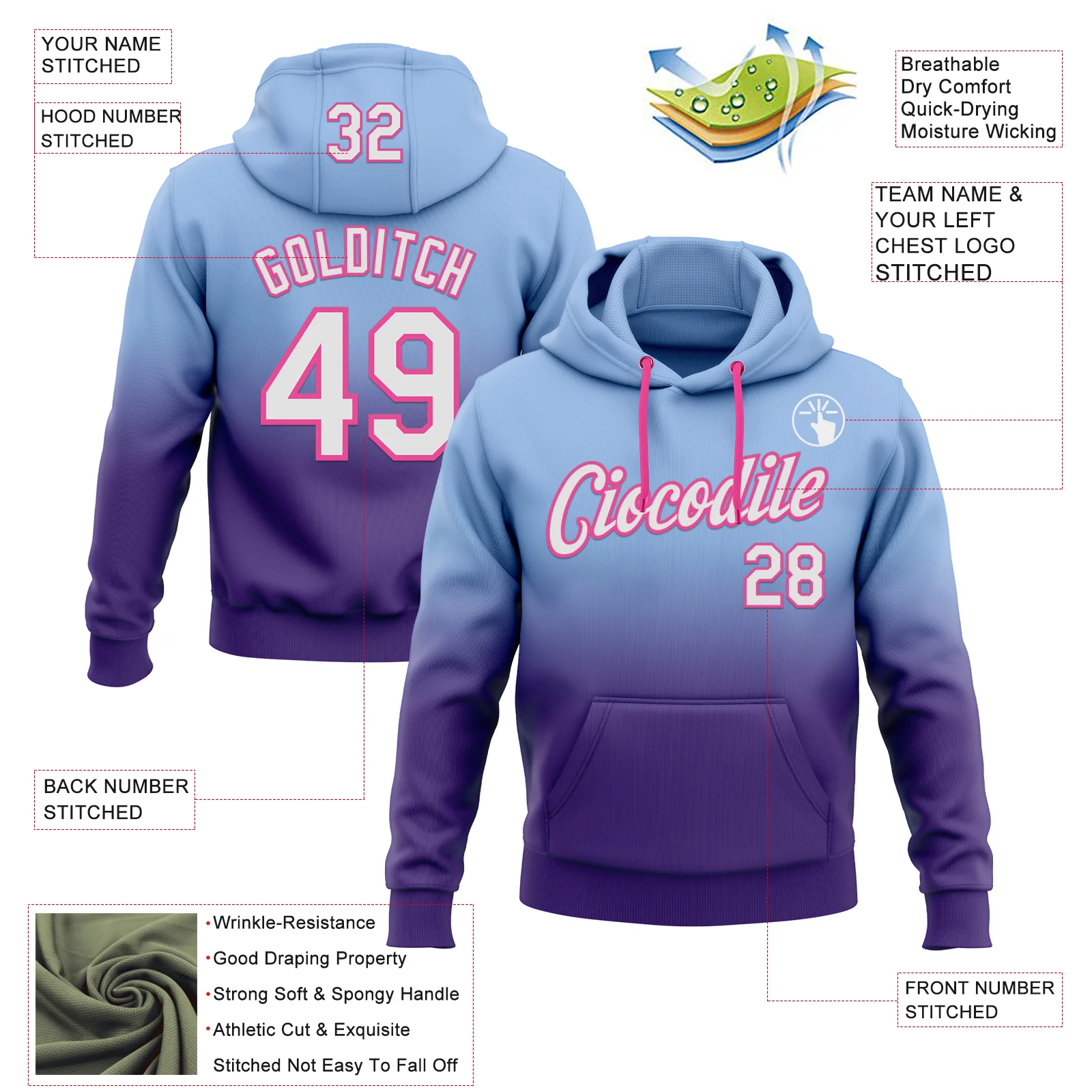 Custom Stitched Light Blue White Purple-Pink Fade Fashion Sports Pullover Sweatshirt Hoodie