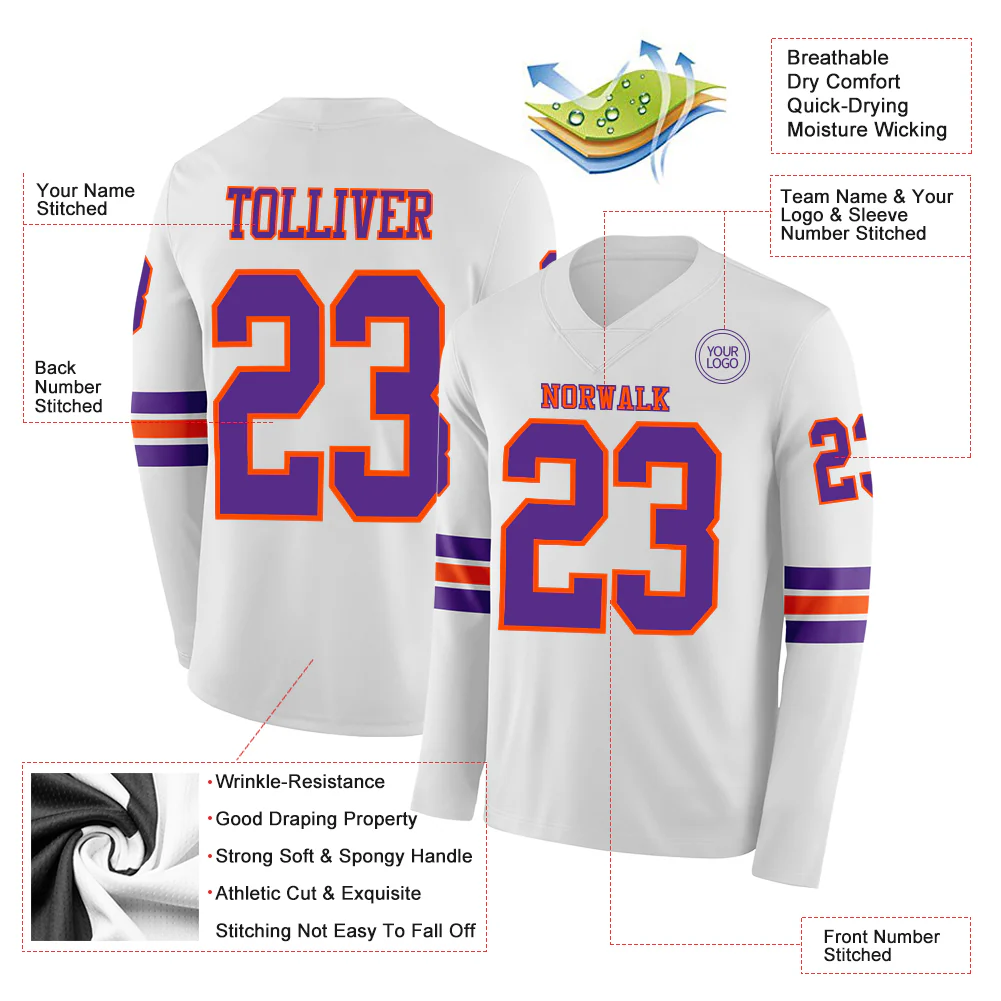 Custom White Purple-Orange Long Sleeve Authentic Football Jersey