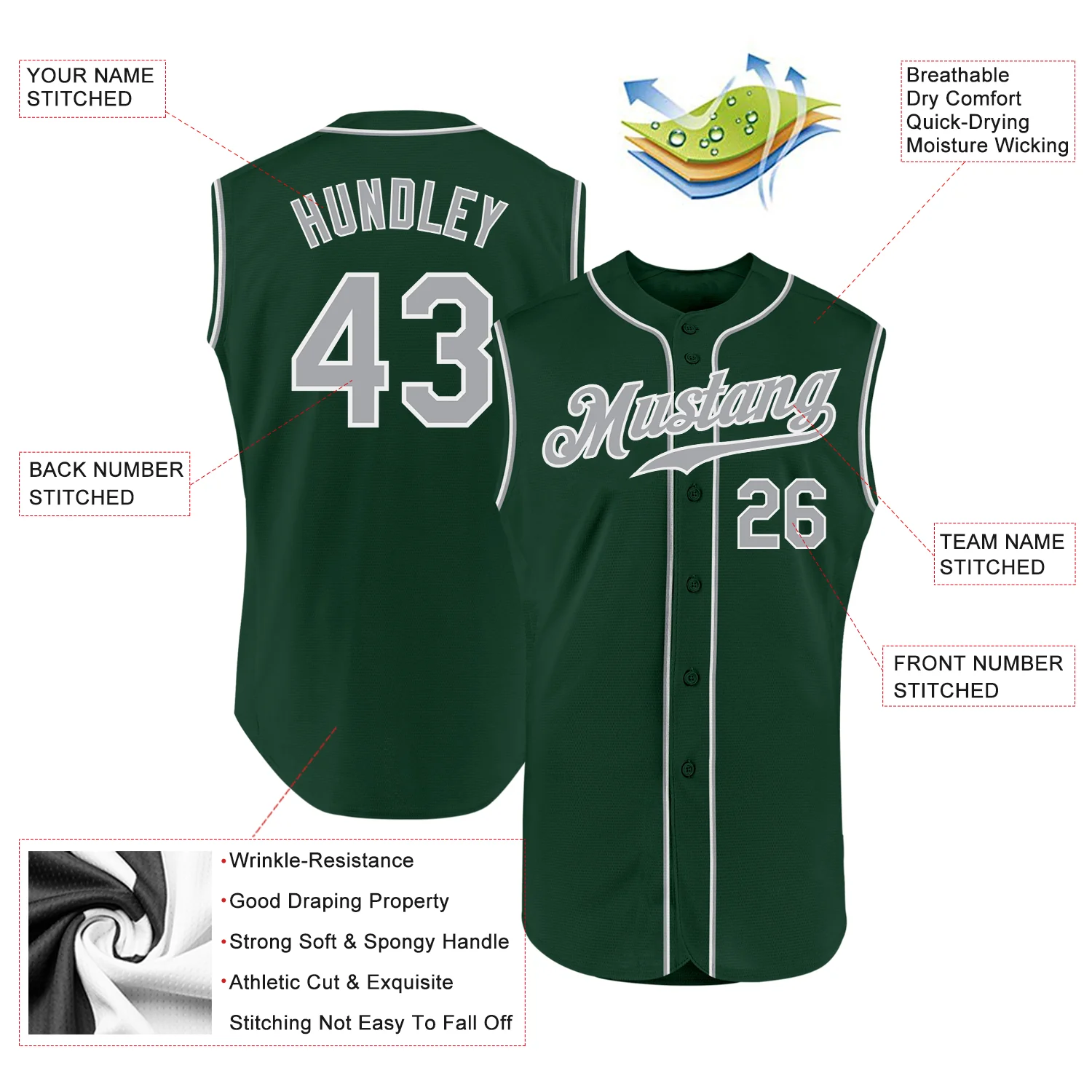 Custom Green Gray-White Authentic Sleeveless Baseball Jersey