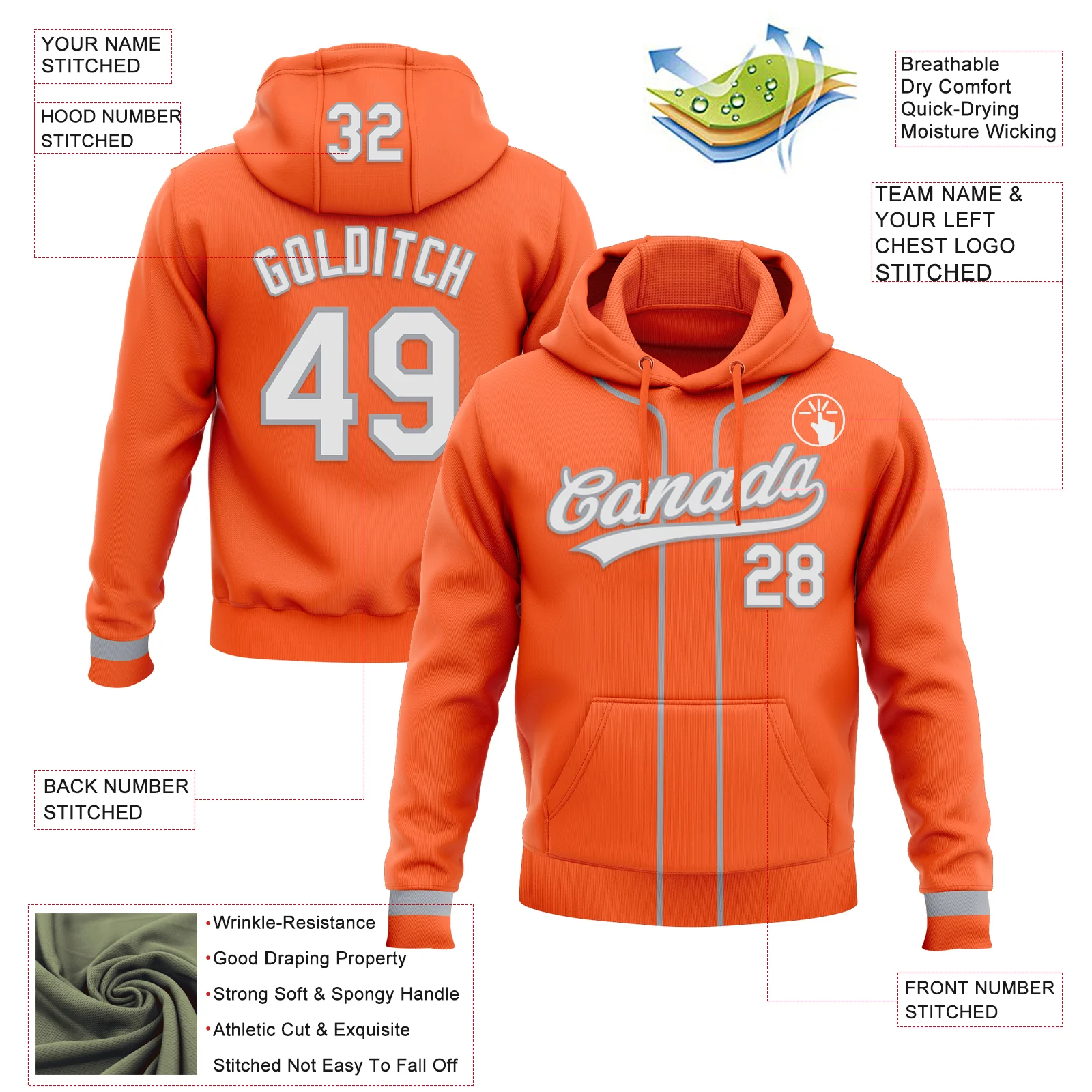 Custom Stitched Orange White-Gray Baseball Pullover Sweatshirt Hoodie