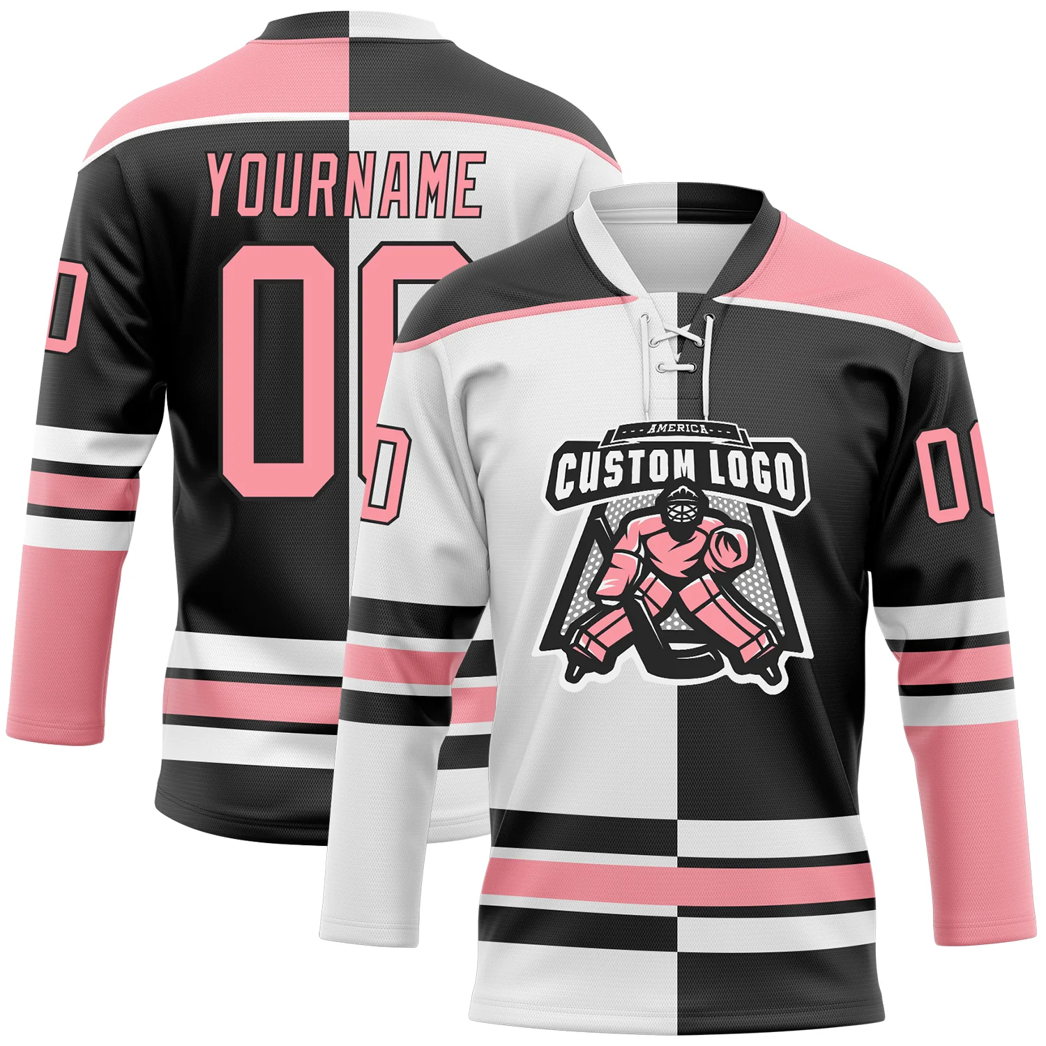 Custom Black Medium Pink-White Split Fashion Hockey Lace Neck Jersey