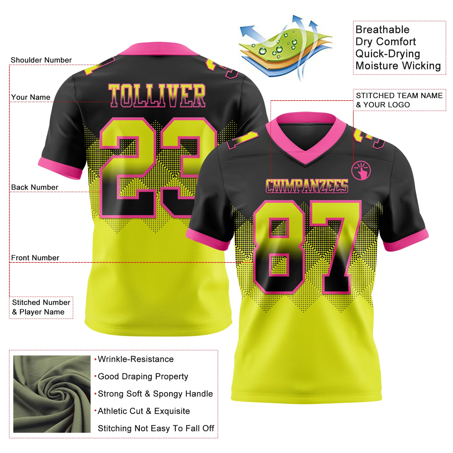 Custom Black Neon Yellow-Pink Authentic Gradient Square Shape Flag Football Jersey