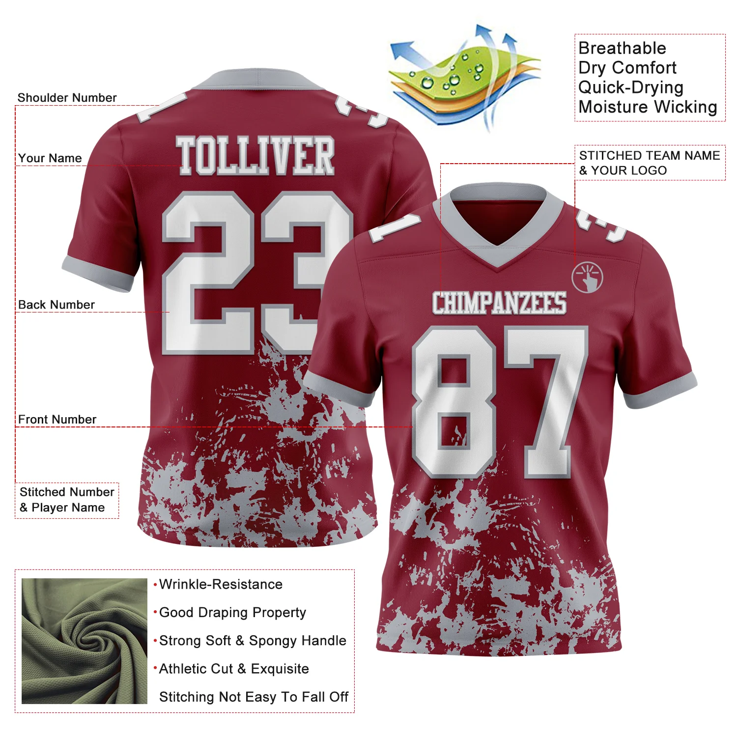 Custom Crimson White-Gray 3D Pattern Splash Authentic Football Jersey