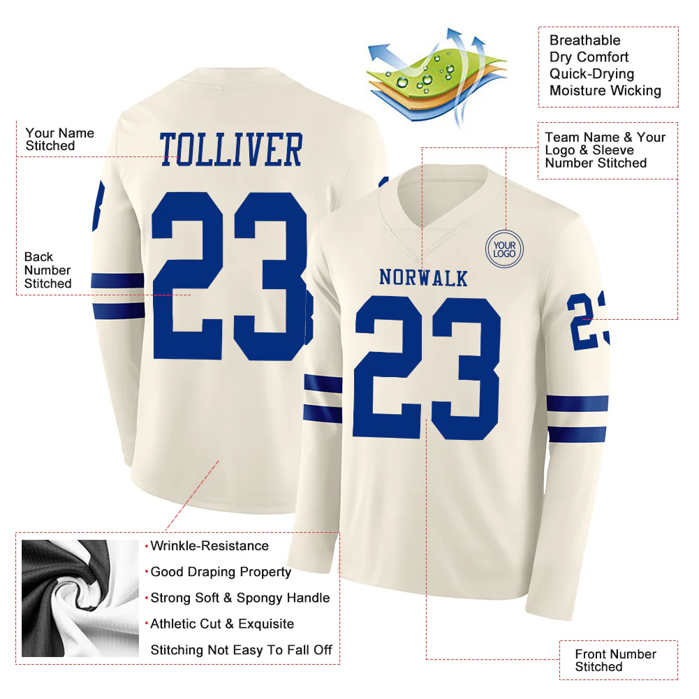 Custom Cream Royal Long Sleeve Authentic Football Jersey
