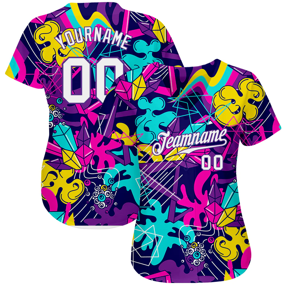 Custom Graffiti Pattern White-Purple 3D Authentic Baseball Jersey