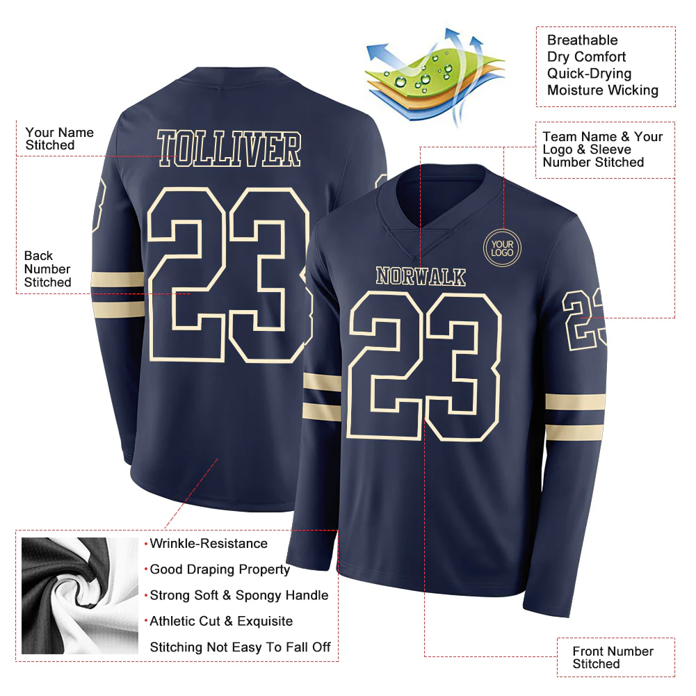 Custom Navy Cream Long Sleeve Authentic Football Jersey