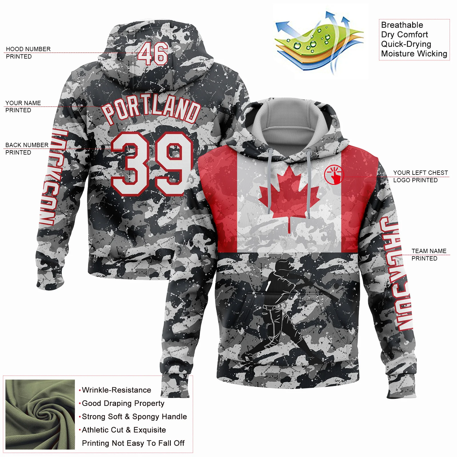 Custom Camo White-Fire Red 3D Canada Canadian Flag Sports Pullover Sweatshirt Salute To Service Hoodie
