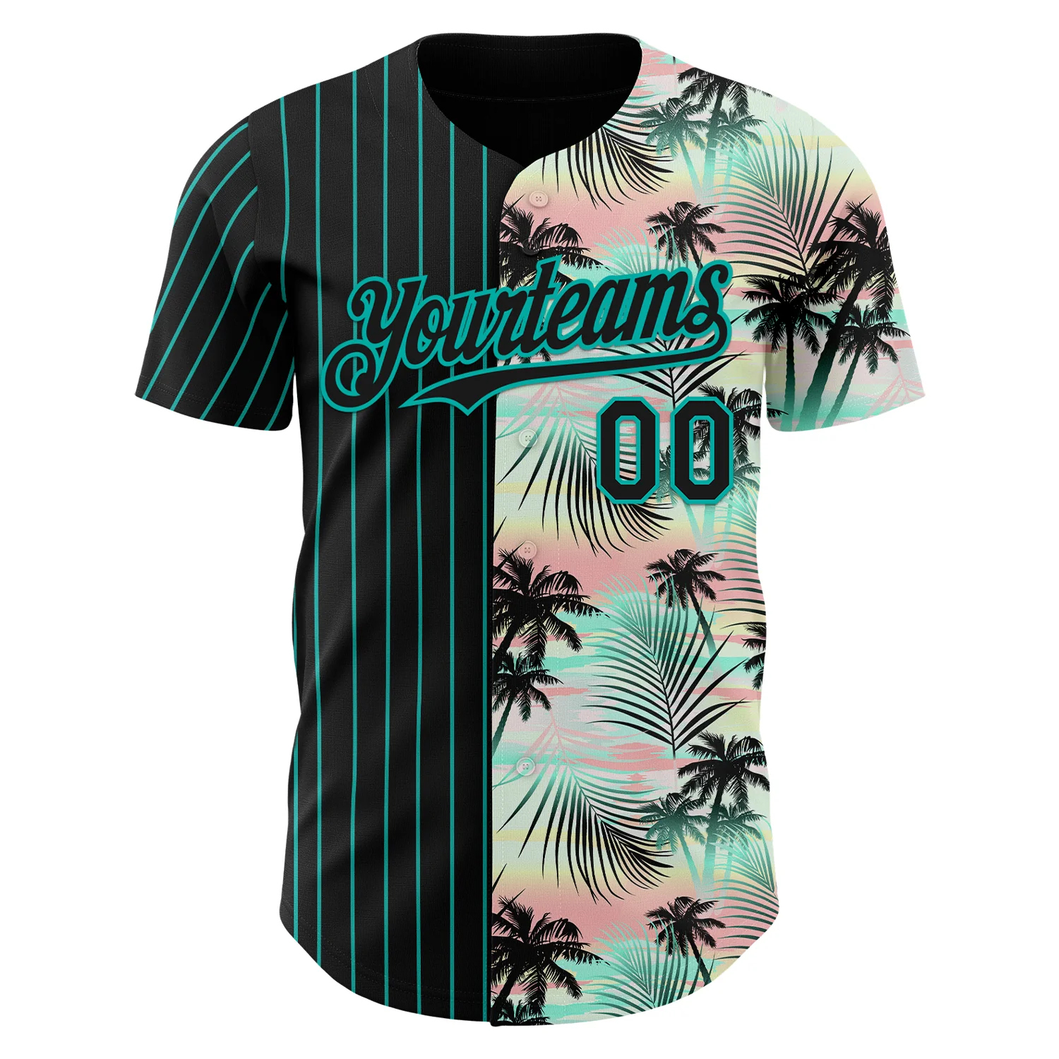 Custom Black Aqua 3D Pattern Design Pinstripe Tropical Palm Leaves Authentic Baseball Jersey