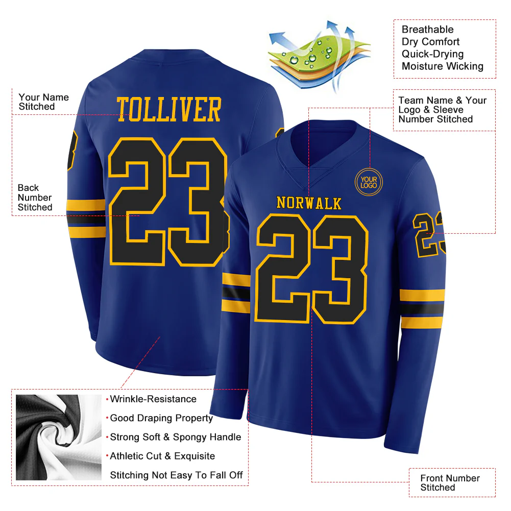 Custom Royal Black-Gold Long Sleeve Authentic Football Jersey