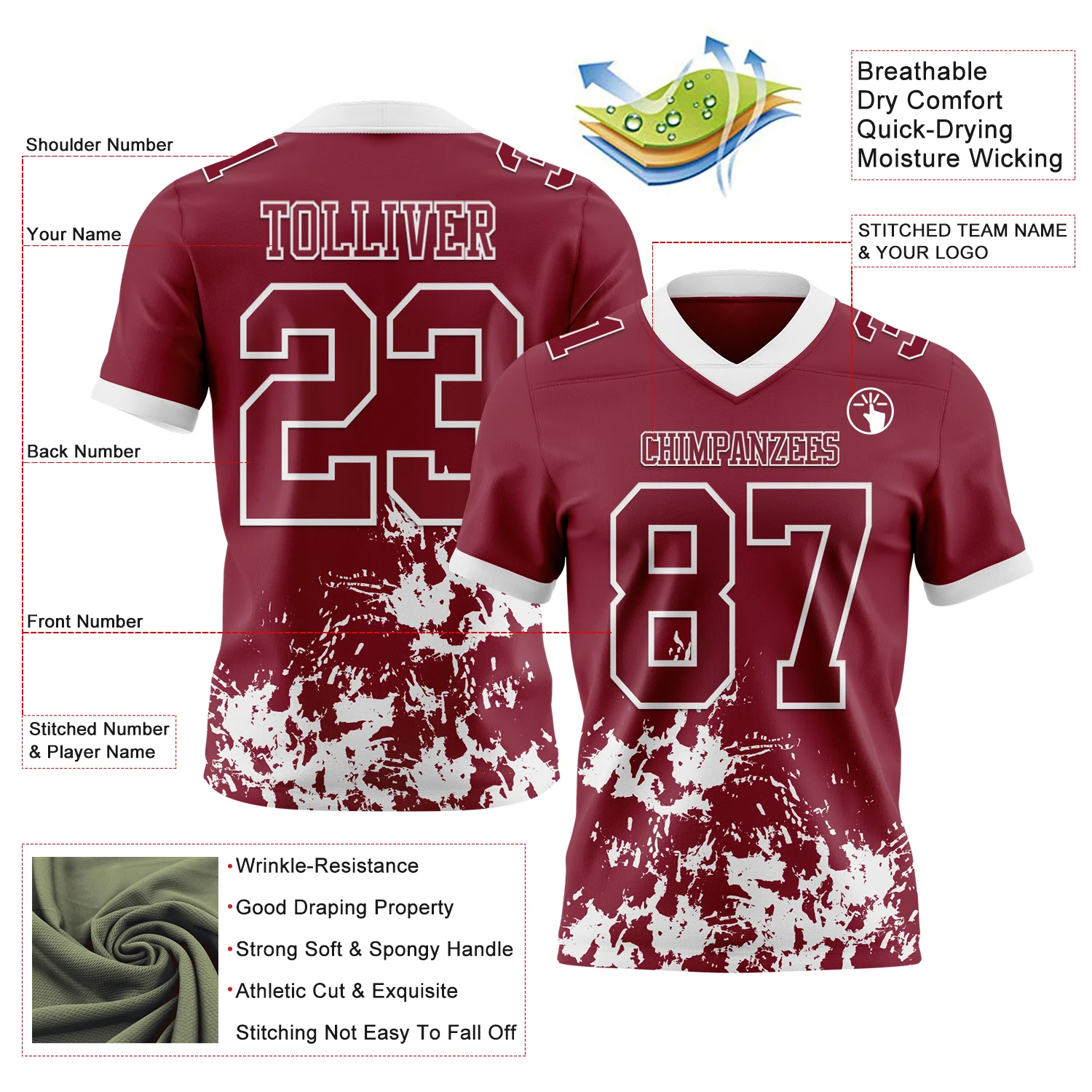 Custom Crimson White 3D Pattern Splash Authentic Football Jersey