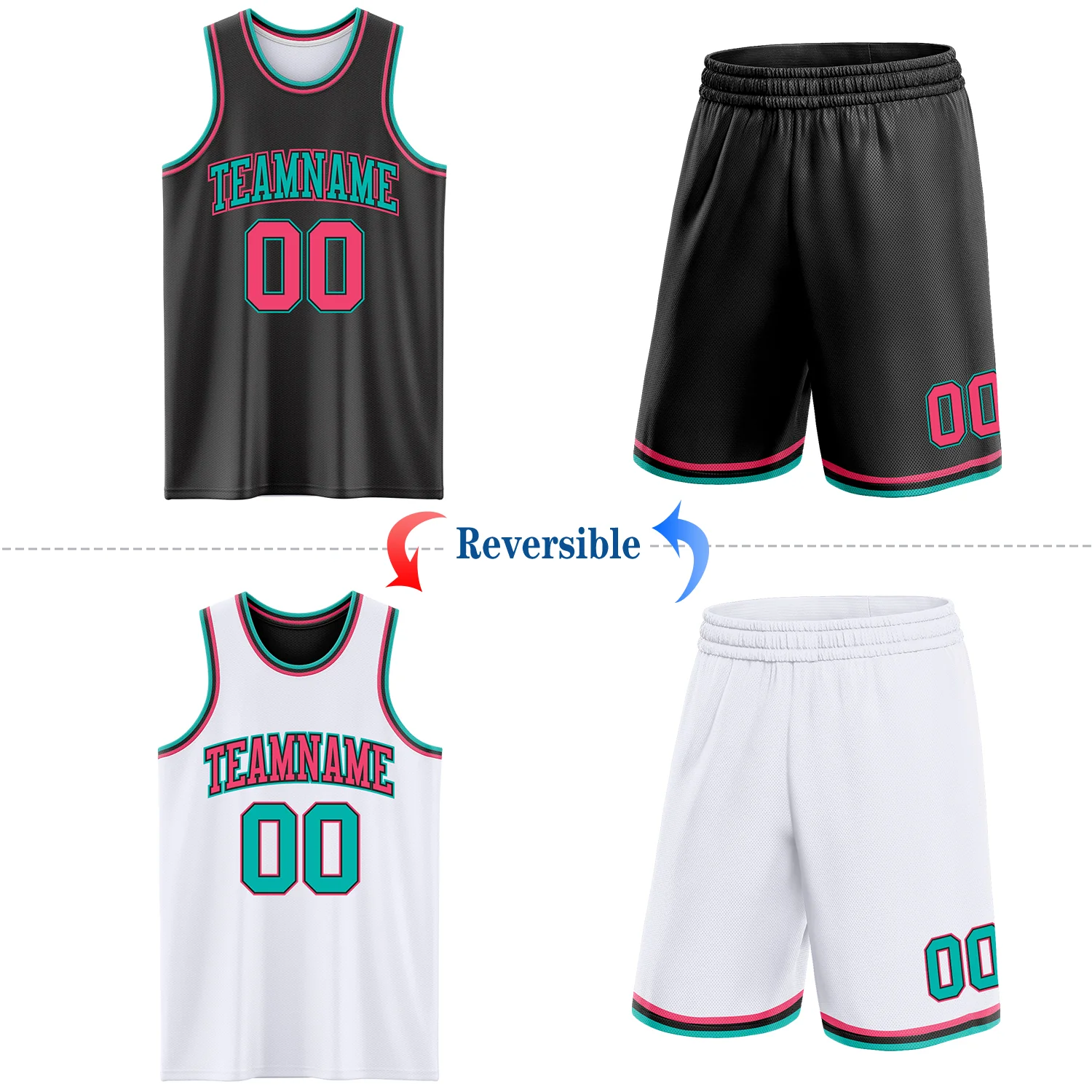 Custom Reversible Black Neon Pink-Aqua Double Side Sublimation Basketball Suit Jersey