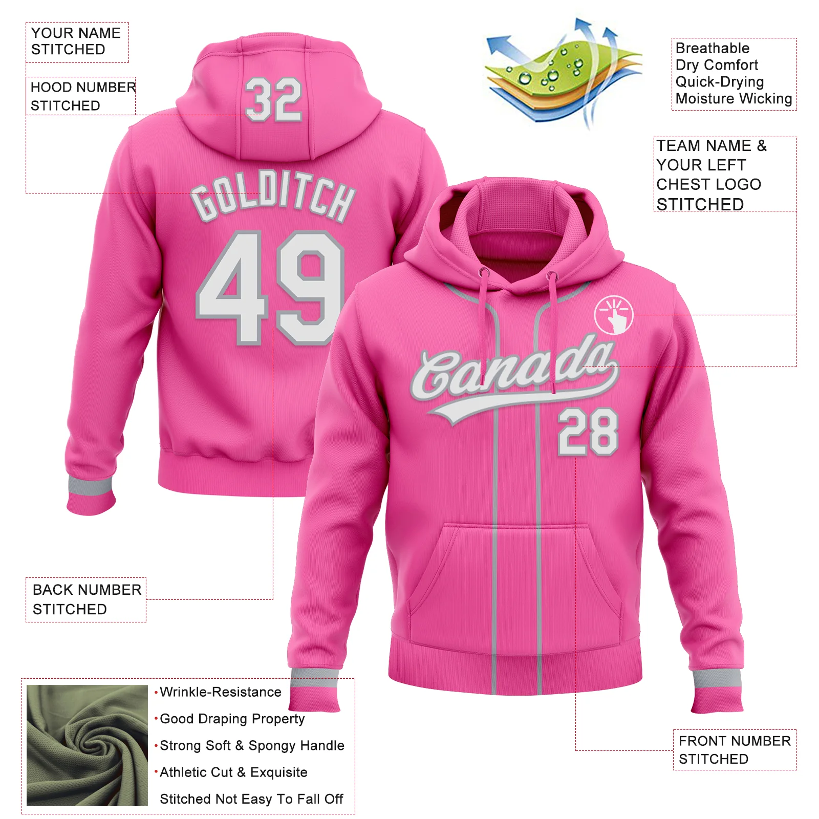 Custom Stitched Pink White-Gray Baseball Pullover Sweatshirt Hoodie