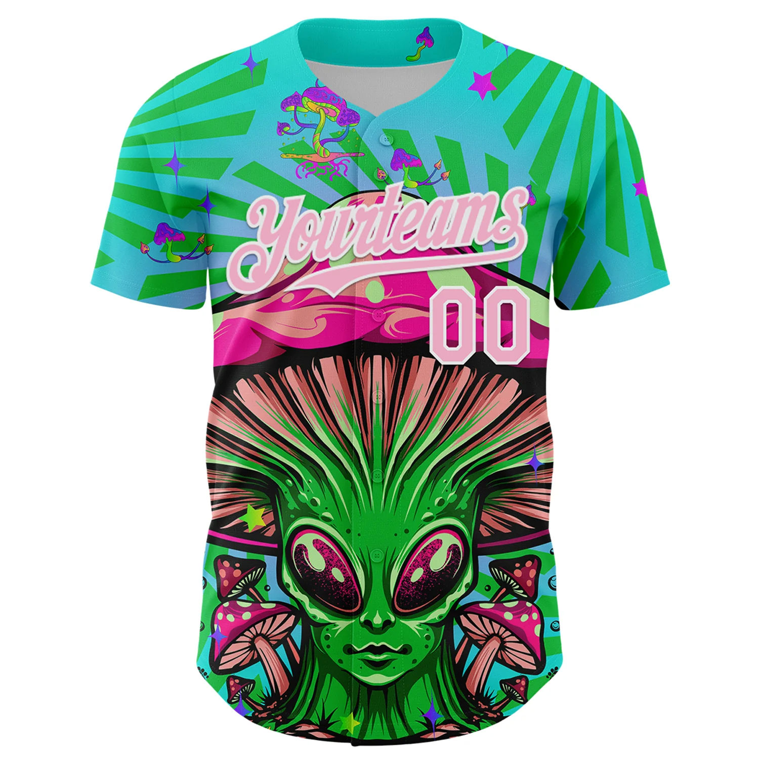 Custom Blue Light Pink-White 3D Pattern Design Trippy Magic Mushrooms Alien Authentic Baseball Jersey