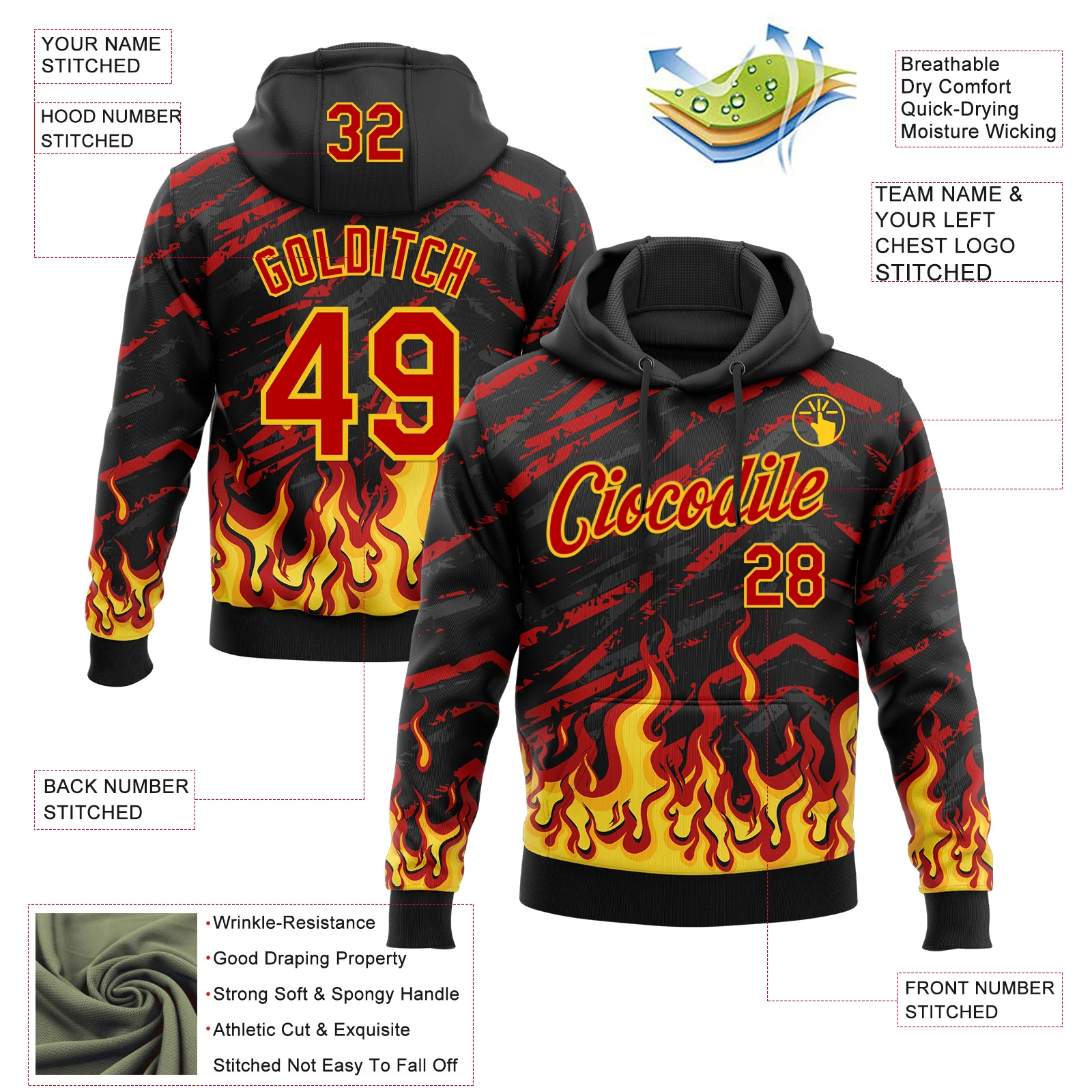 Custom Stitched Black Red-Yellow 3D Pattern Design Flame Sports Pullover Sweatshirt Hoodie