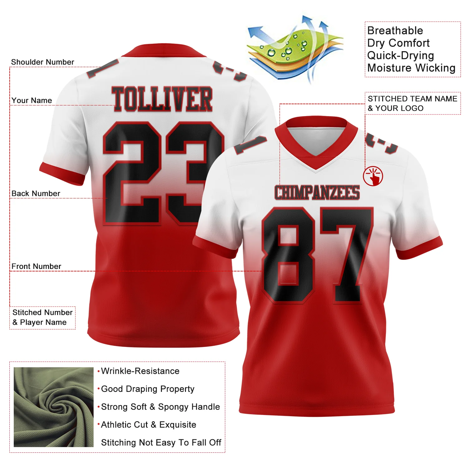 Custom White Black-Red Authentic Fade Fashion Football Jersey