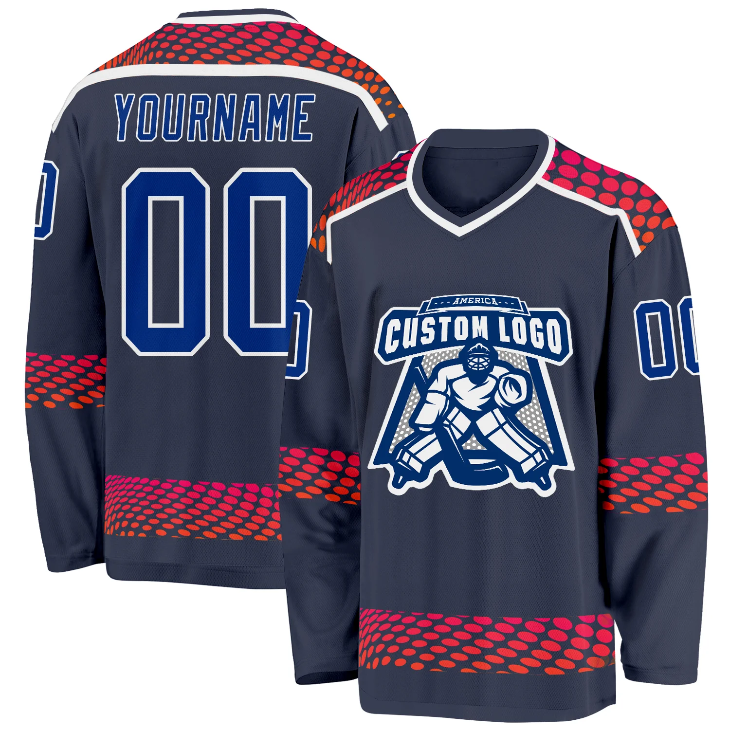 Custom Navy Royal Red-White 3D Pattern Round Hockey Jersey