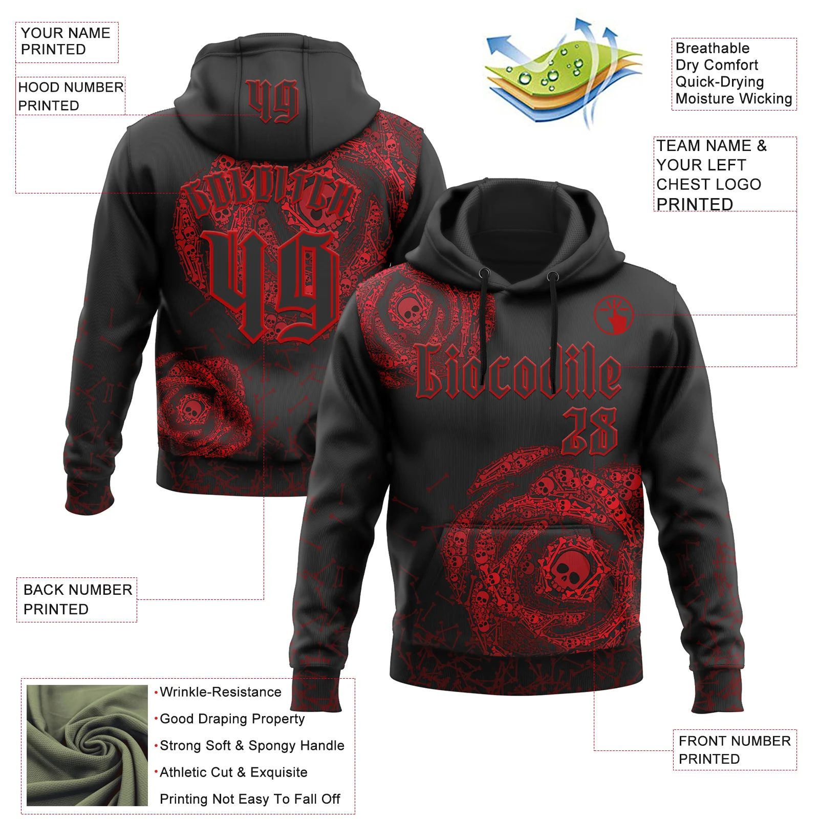 Custom Black Red 3D Skull Roses Gothic Vintage Sports Pullover Sweatshirt Hoodie