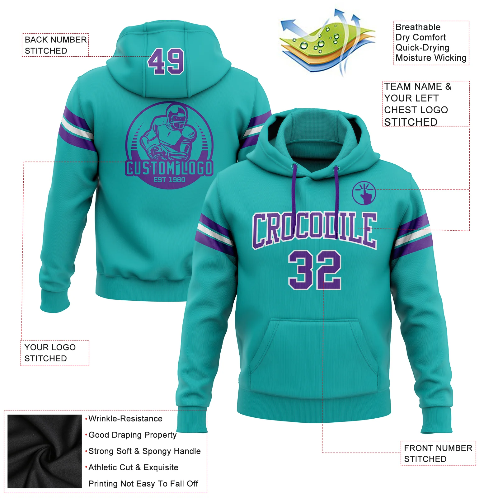 Custom Stitched Aqua Purple-White Football Pullover Sweatshirt Hoodie