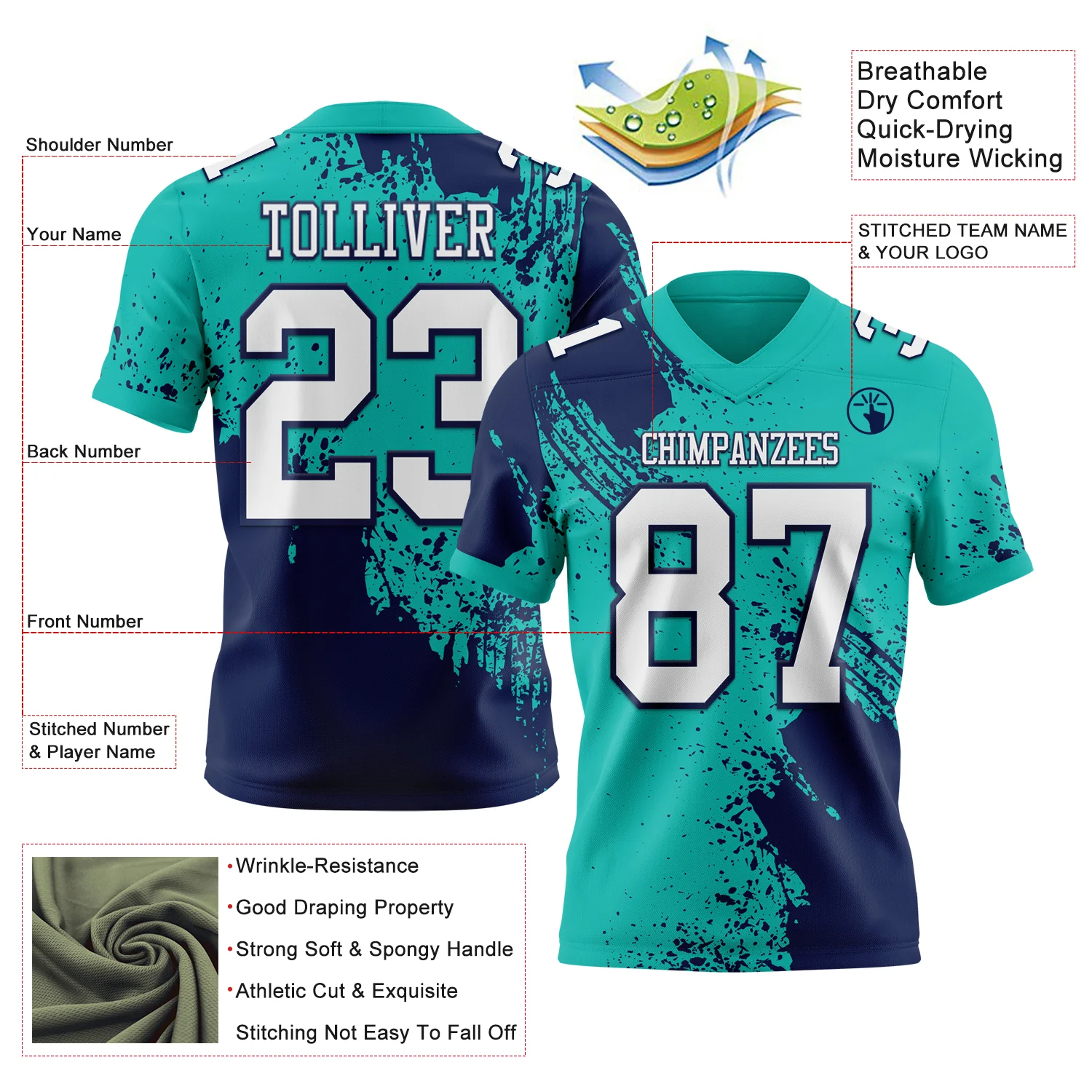 Custom Aqua White-Navy 3D Pattern Abstract Brush Stroke Authentic Football Jersey