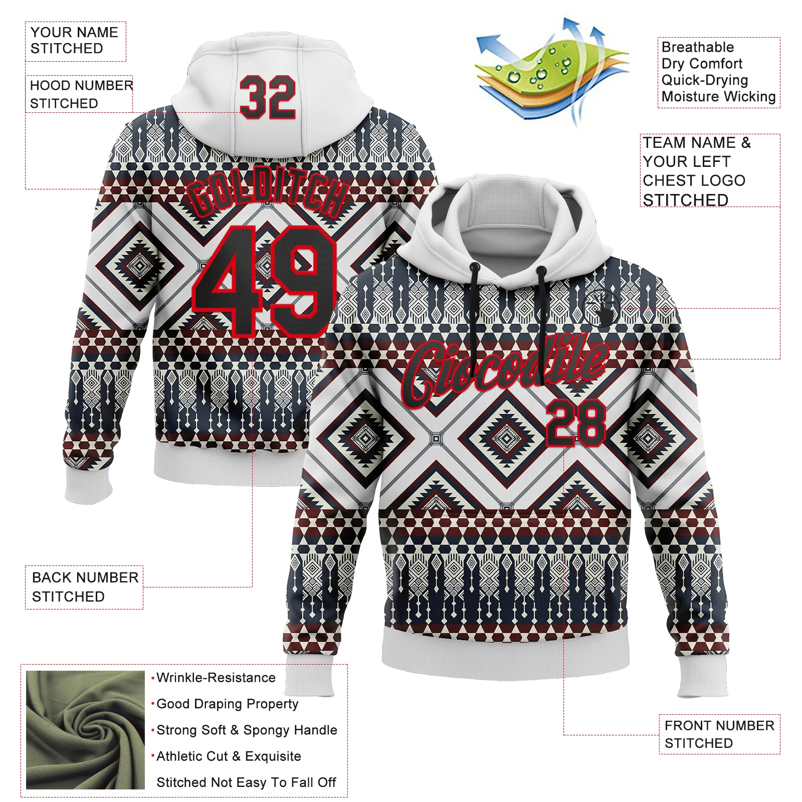 Custom Stitched White Black Gray Blue-Fire Red 3D Mexico Aztec Pattern Sports Pullover Sweatshirt Hoodie