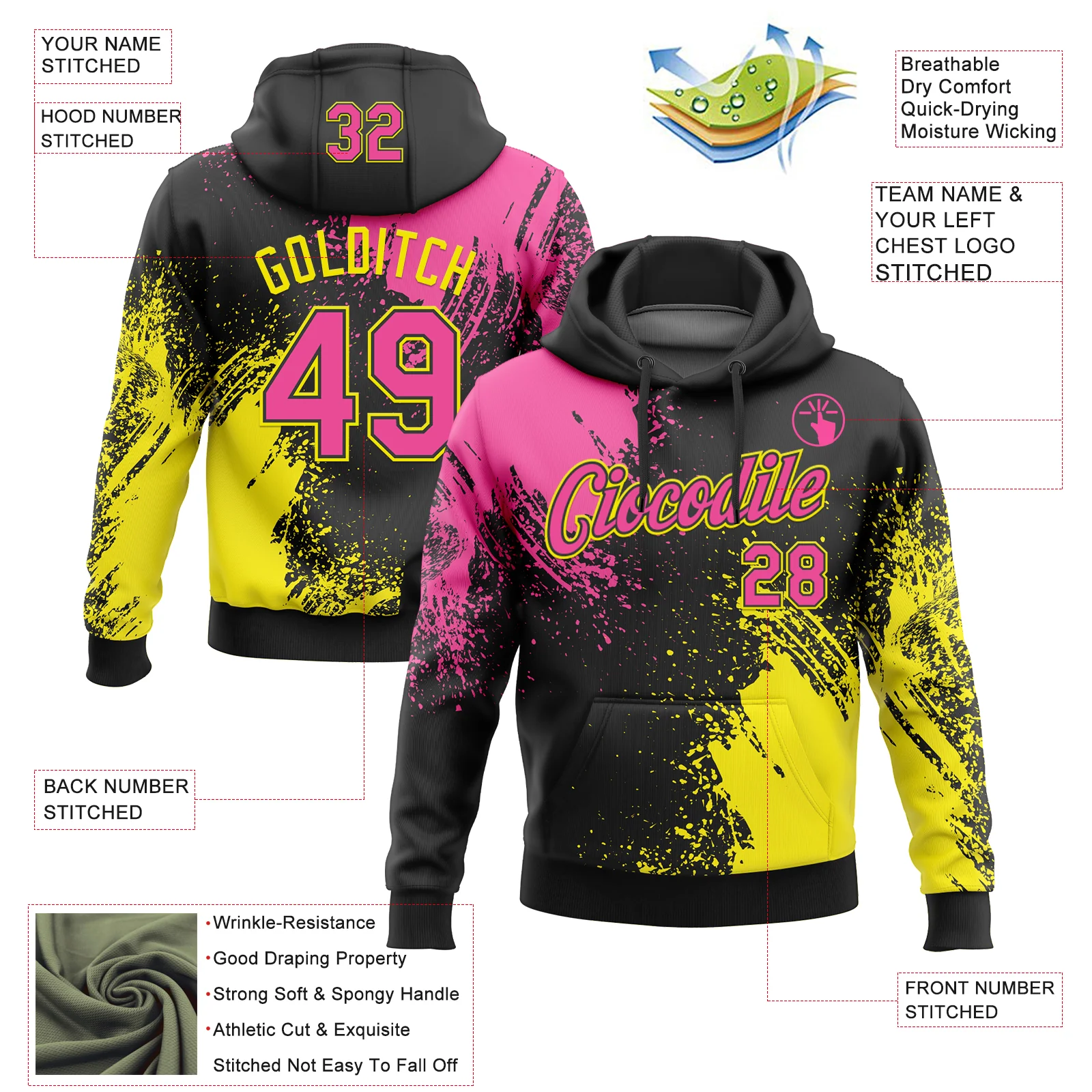 Custom Stitched Black Pink-Light Yellow 3D Pattern Design Abstract Brush Stroke Sports Pullover Sweatshirt Hoodie
