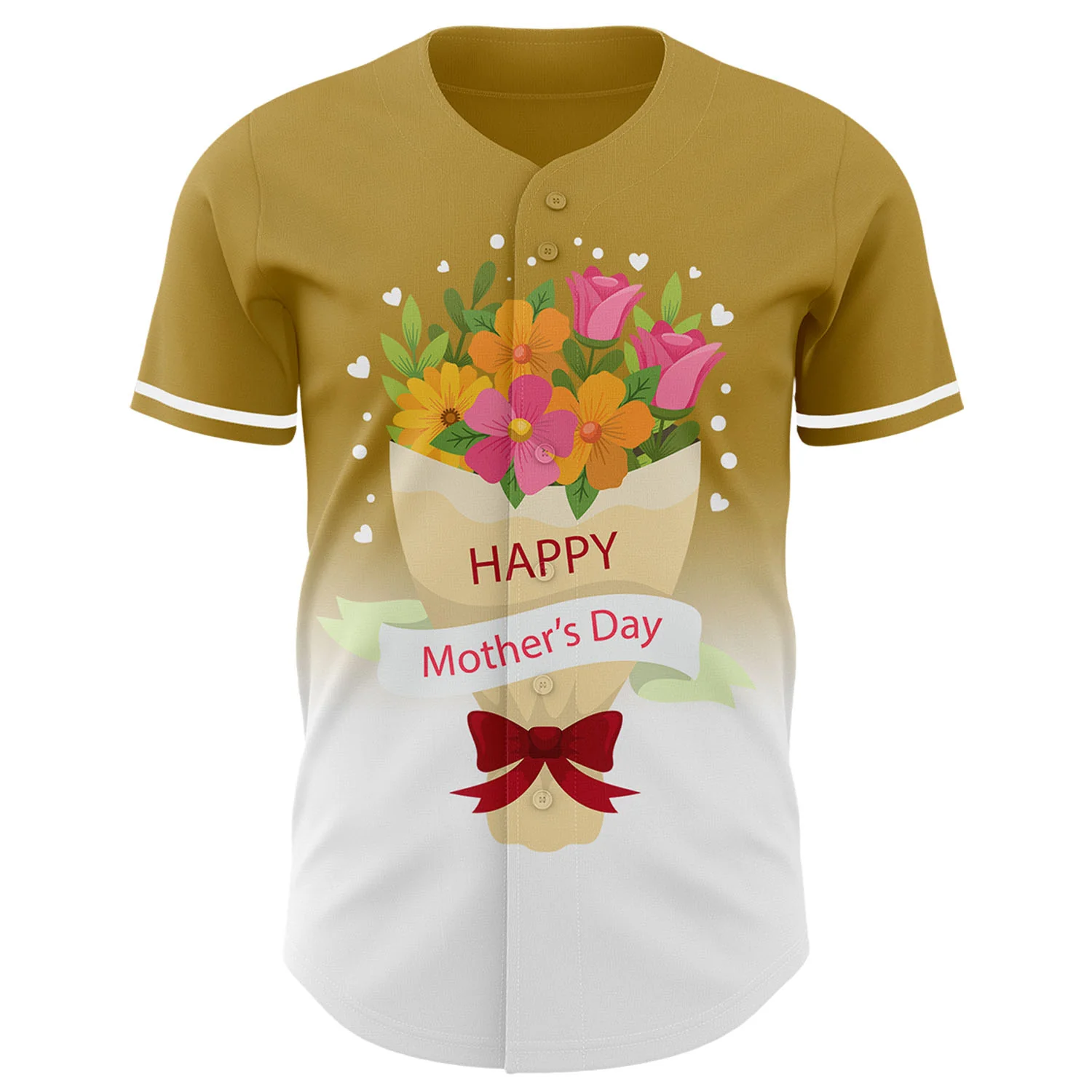 Custom Old Gold White-Black 3D Pattern Design Gradient Mother's Day Flower Authentic Baseball Jersey
