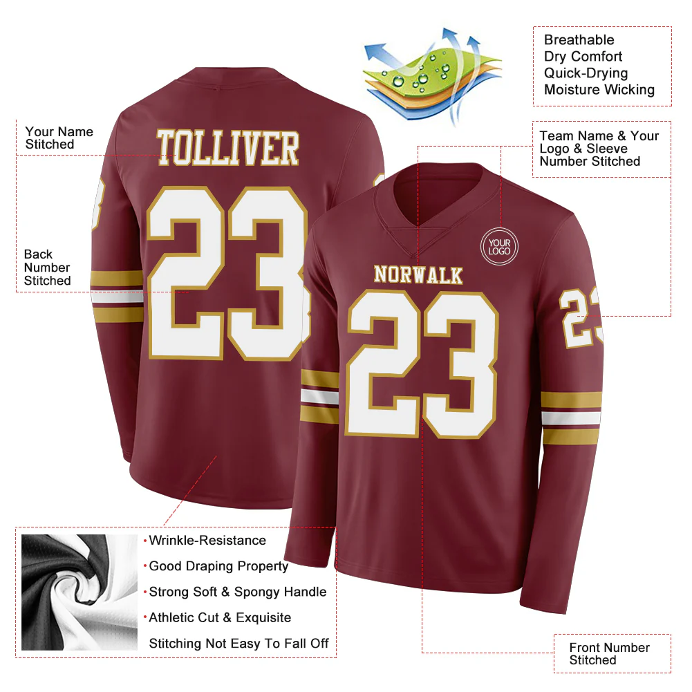 Custom Burgundy White-Old Gold Long Sleeve Authentic Football Jersey