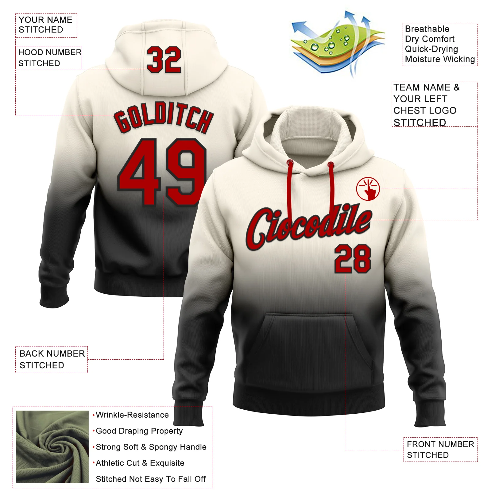Custom Stitched Cream Red-Black Fade Fashion Sports Pullover Sweatshirt Hoodie