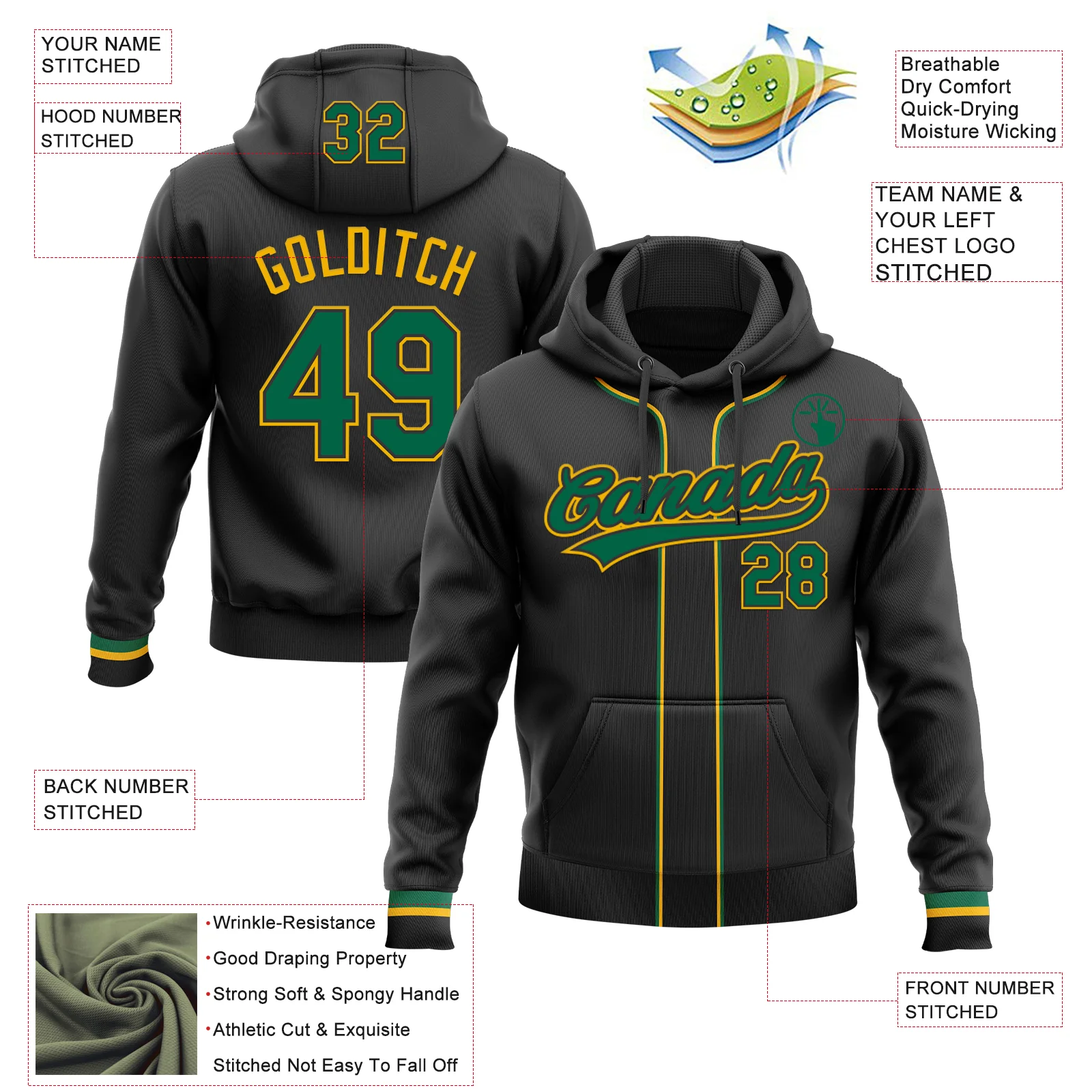 Custom Stitched Black Kelly Green-Gold Baseball Pullover Sweatshirt Hoodie
