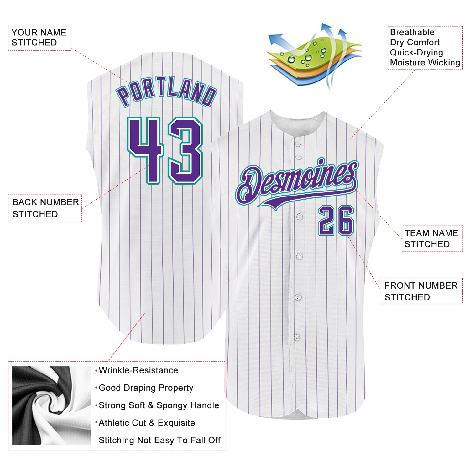 Custom White Purple Pinstripe Teal Authentic Sleeveless Baseball Jersey